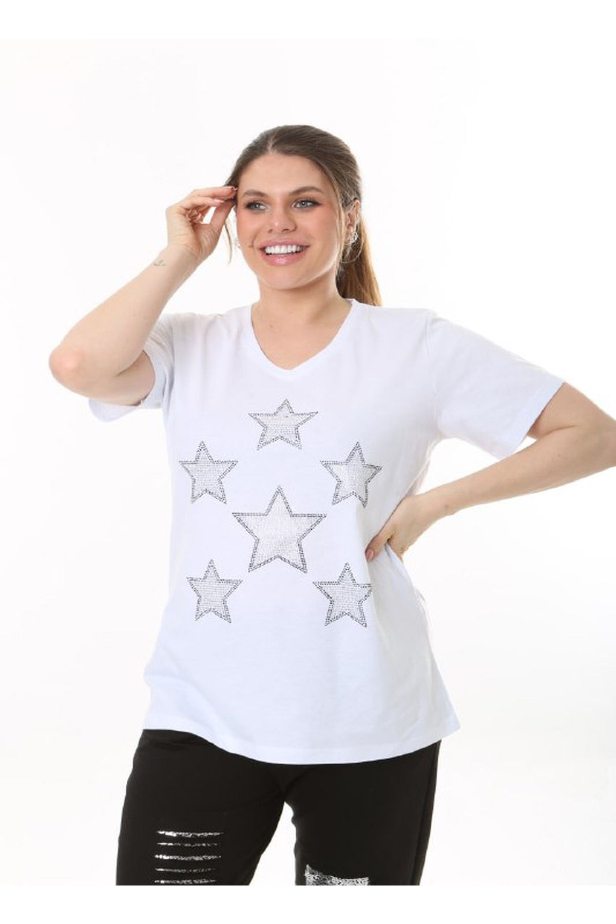 Büyük Beden Yıldız Desenli Taşlı V yaka Tshirt