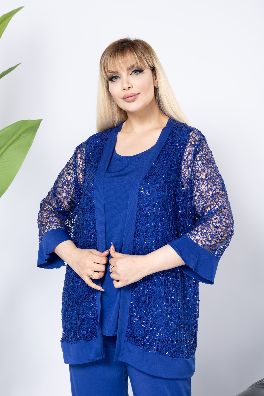 Saks Mavisi Abiye Büyük Beden Hırka Bluz Pantolon 3Lü Takım