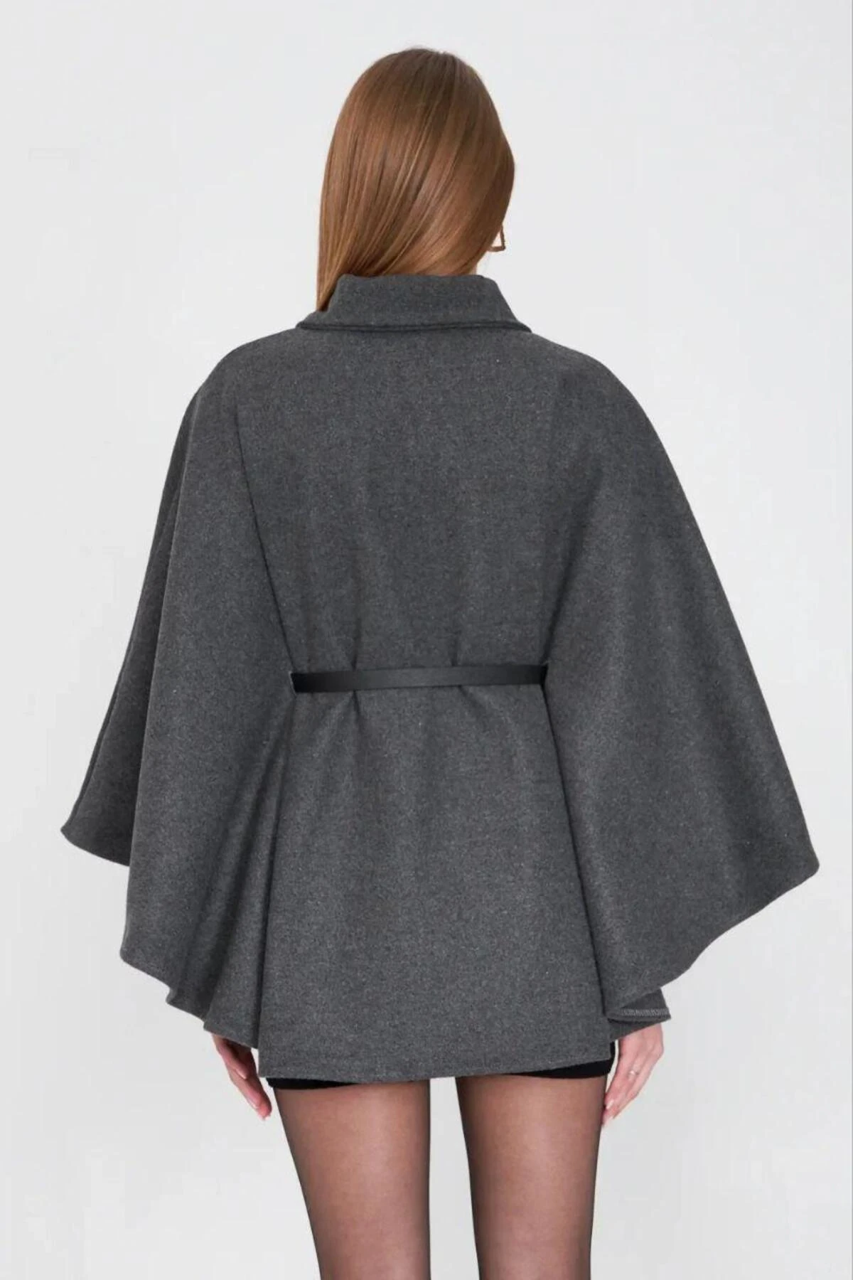 Kadın Kemerli Kaşe Panço - Gri