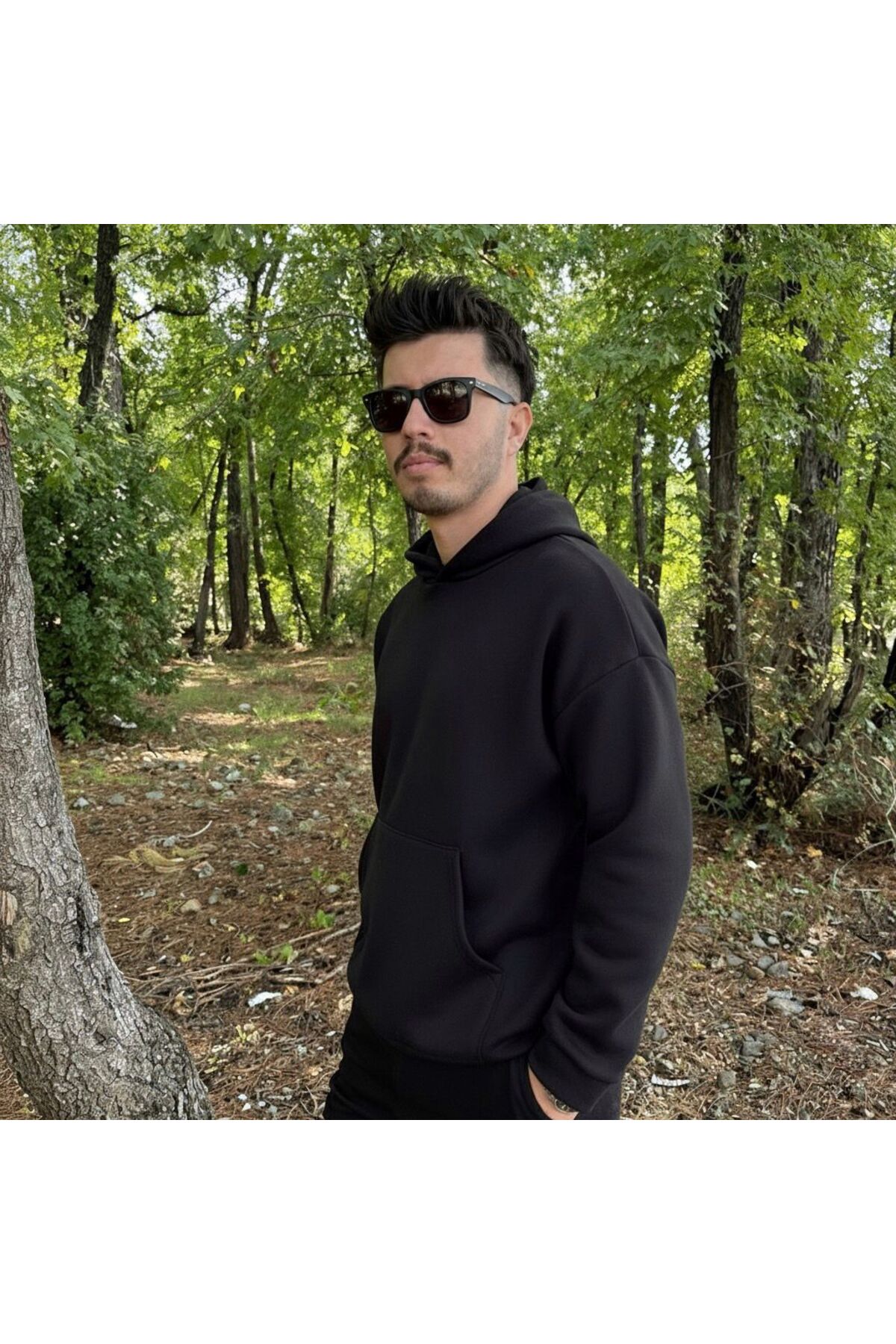 Erkek 3 İplik Basic Oversize Geniş Kesim Kanguru Cepli Kapüşonlu Sweatshirt - siyah