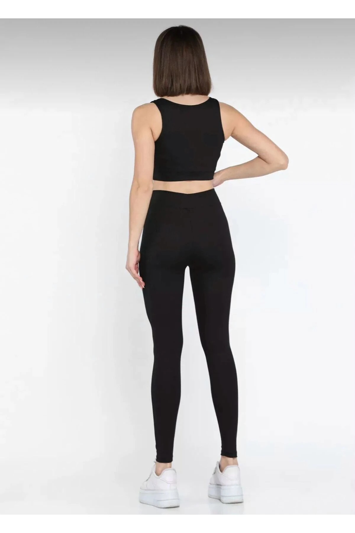 Siyah Kadın Kalın Askılı Fitilli Crop Yüksek Bel Sporcu Tayt İkili Takım