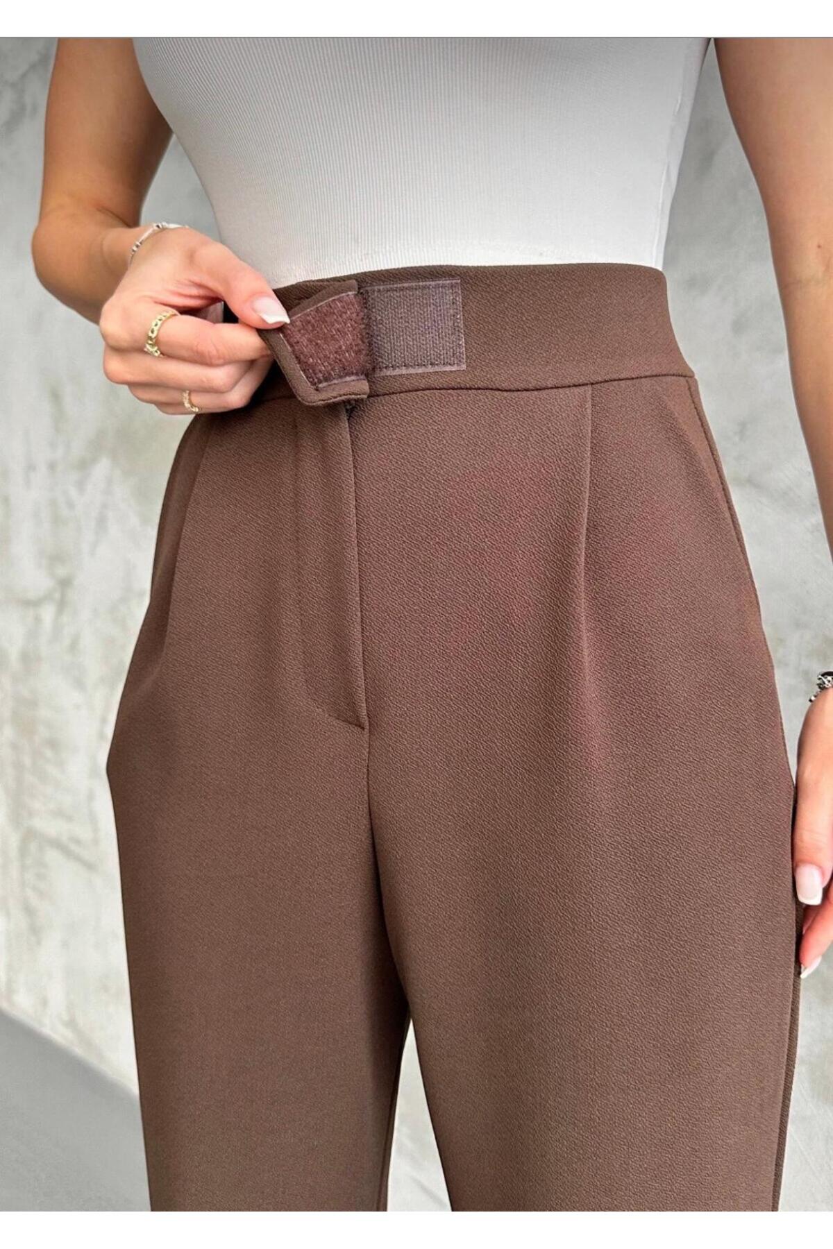 Kadın Likralı Cırt Kapama Palazzo Pantolon - kahverengi