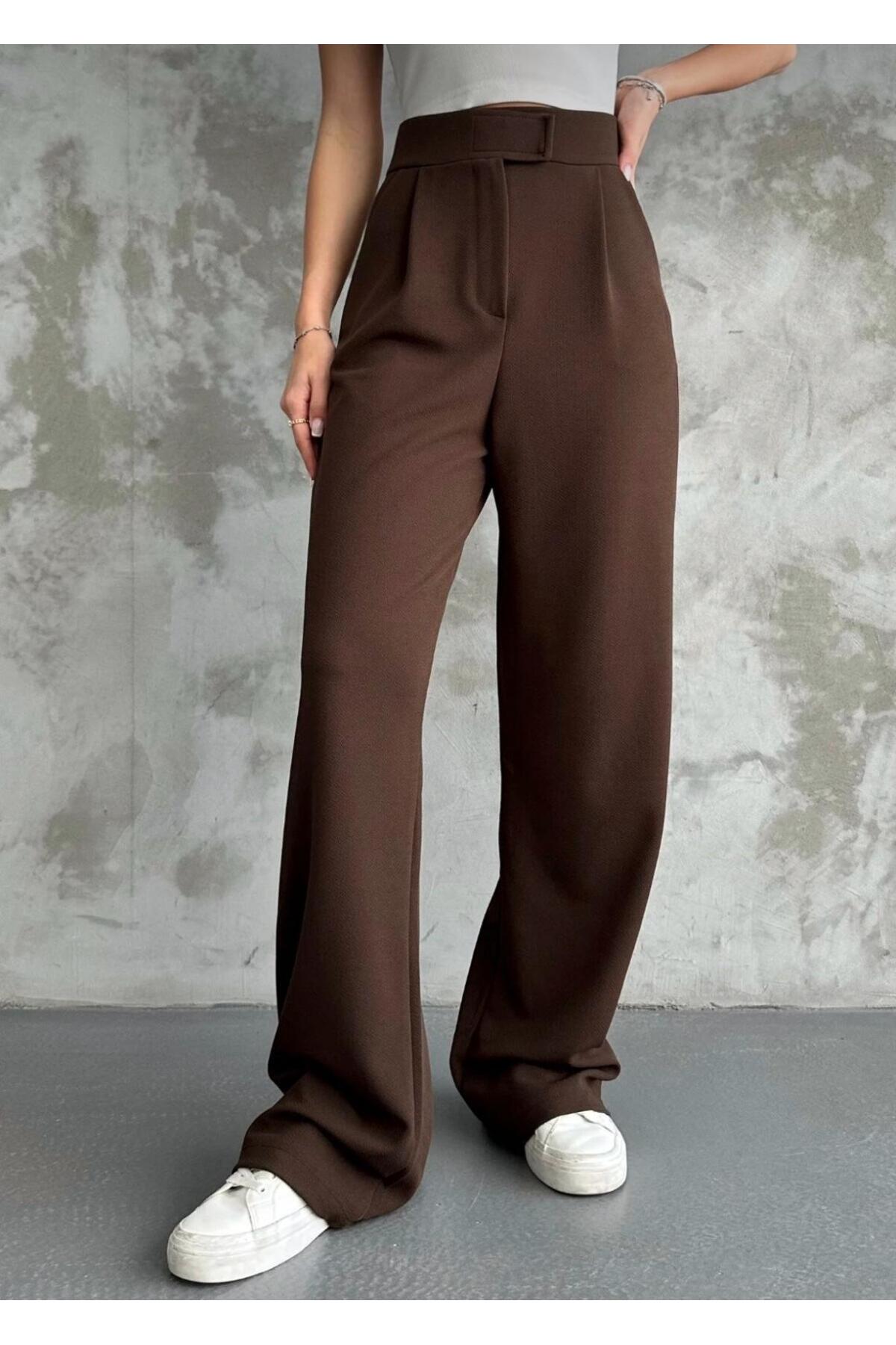 Kadın Likralı Cırt Kapama Palazzo Pantolon - kahverengi