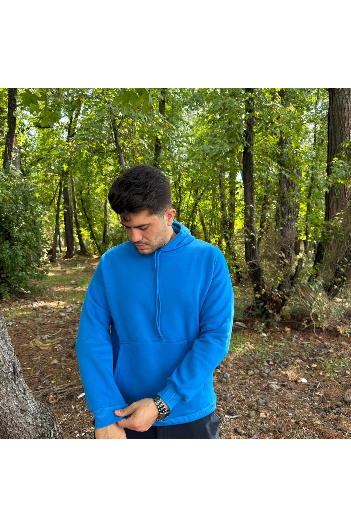 Erkek 3 İplik Basic Oversize Kanguru Cepli Kapüşonlu Sweatshirt - saks mavi