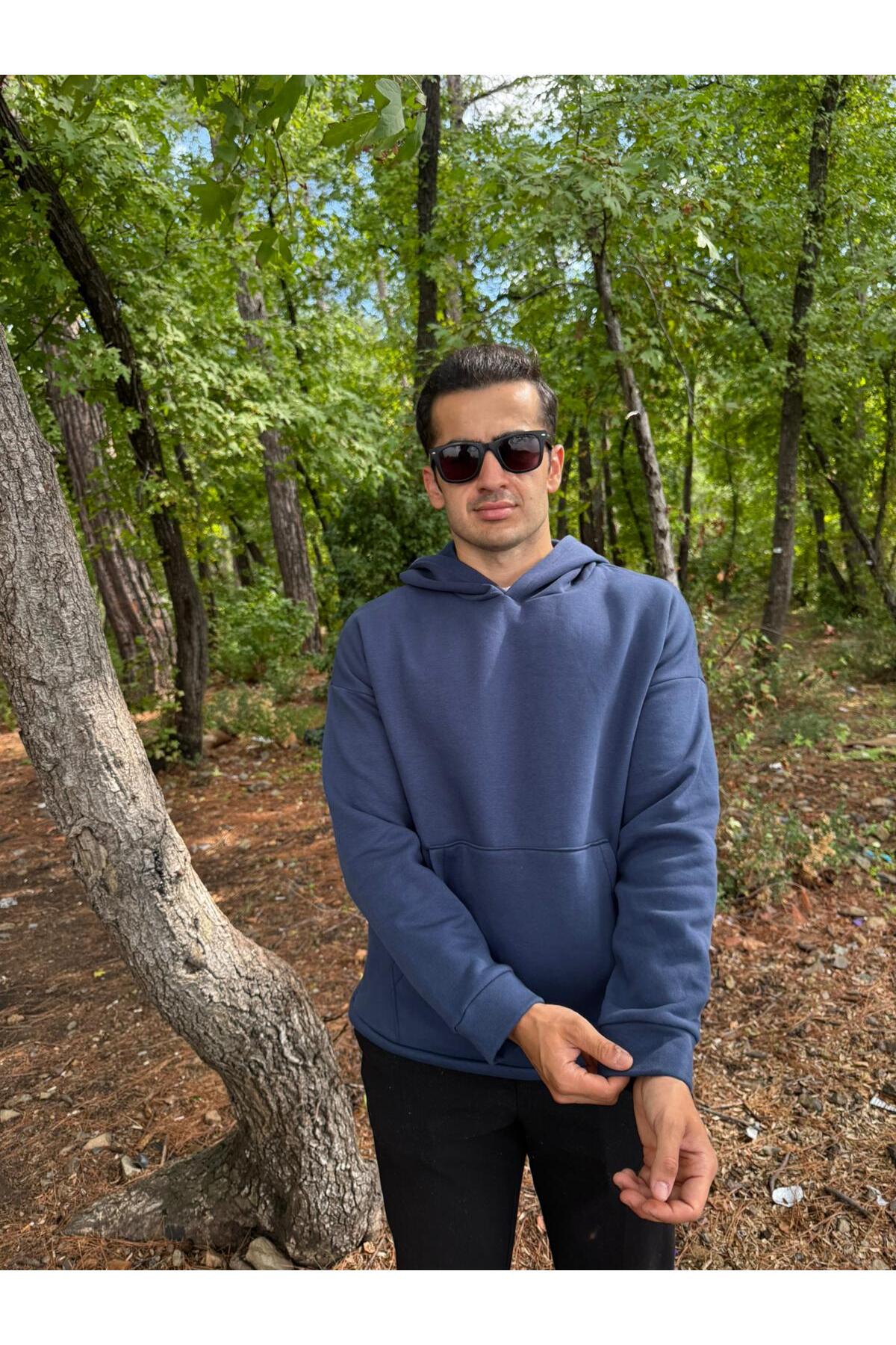 Erkek 3 İplik Basic Oversize Kanguru Cepli Kapüşonlu Sweatshirt - Lacivert
