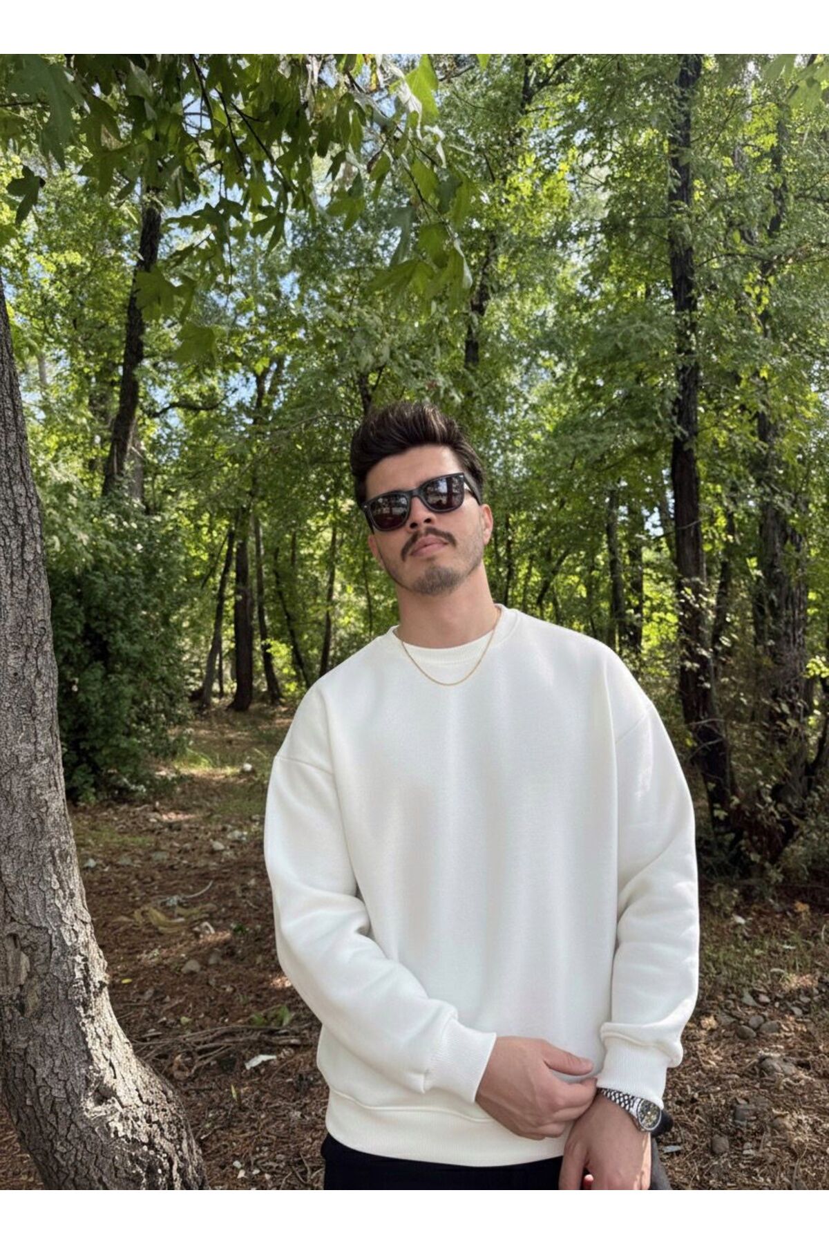 Erkek Oversize Bisiklet Yaka Geniş Kesim Sweatshirt - BEYAZ