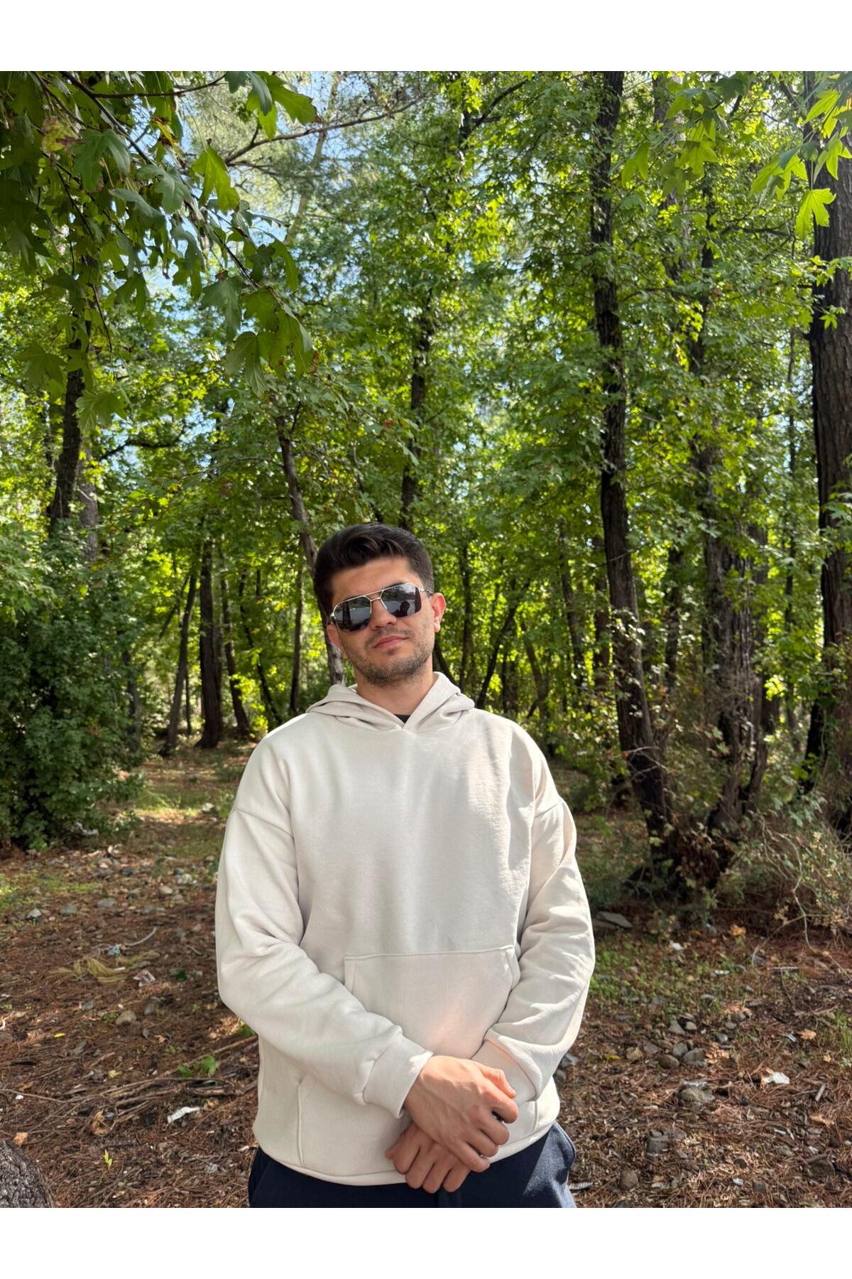 Erkek 3 İplik Basic Oversize Kanguru Cepli Kapüşonlu Sweatshirt - Ekru