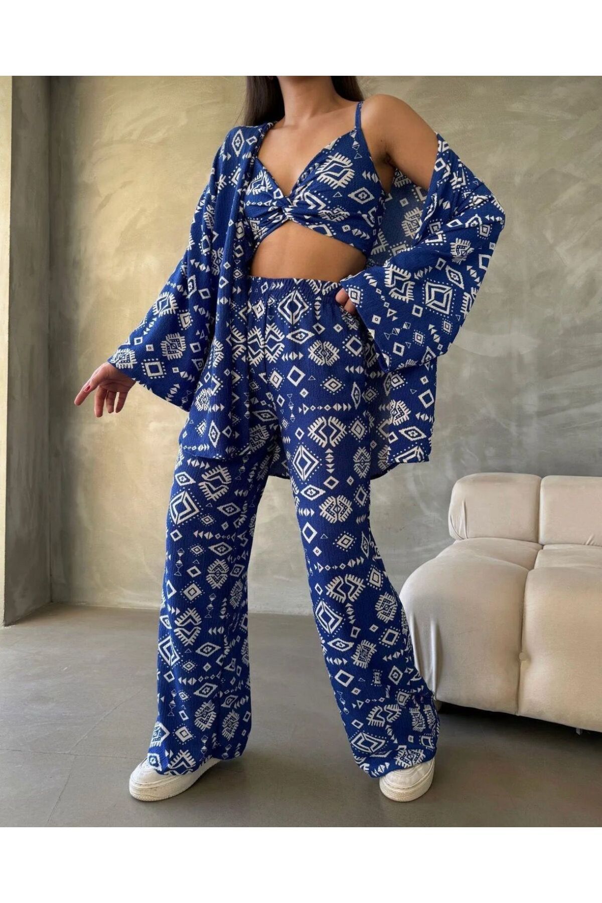 Bürümcük Kumaş Kimono Üçlü Takım