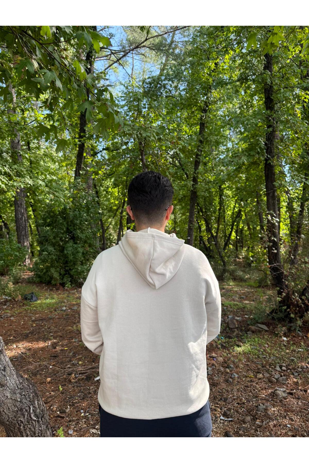 Erkek 3 İplik Basic Oversize Kanguru Cepli Kapüşonlu Sweatshirt - Ekru