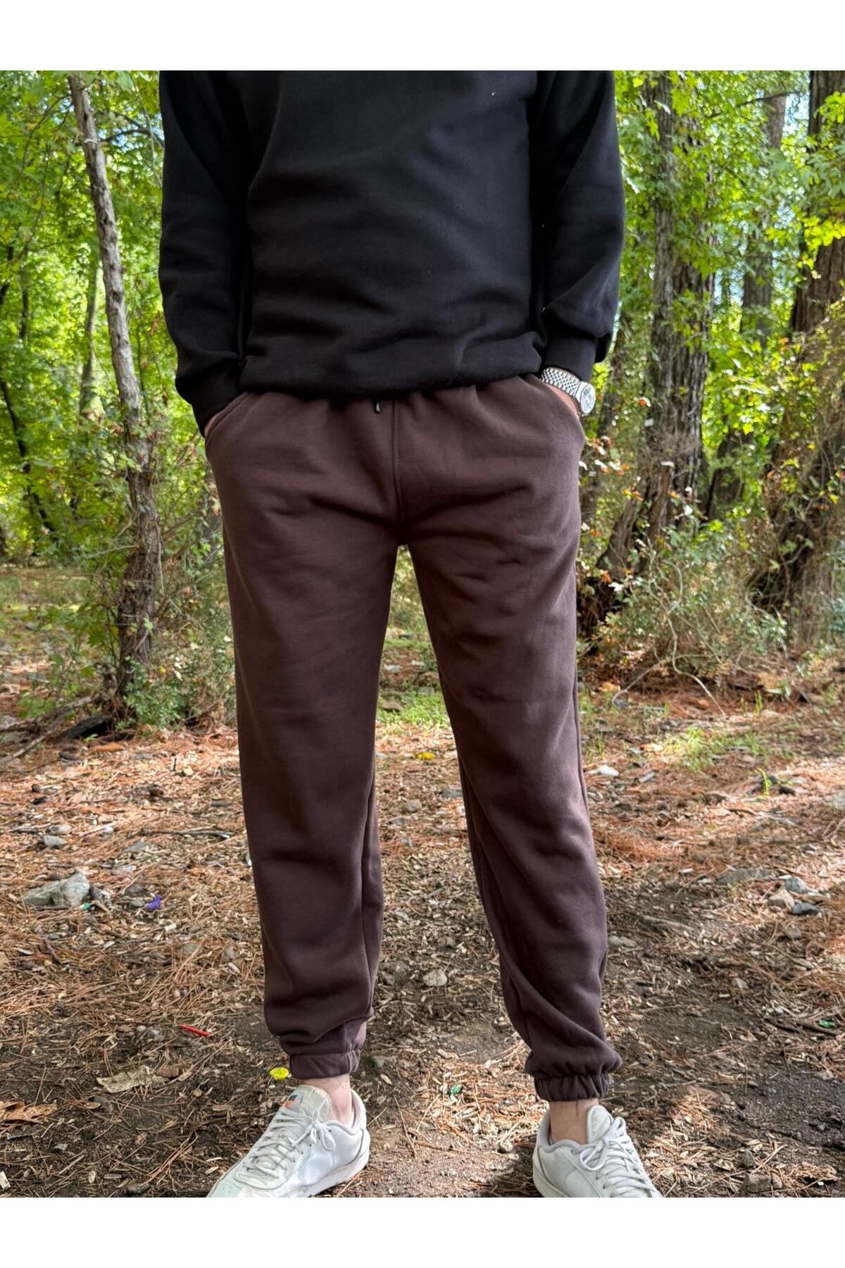 Erkek Ünisex Jogger Eşofman Altı 3 İplik Kalın Kişlık - kahverengi