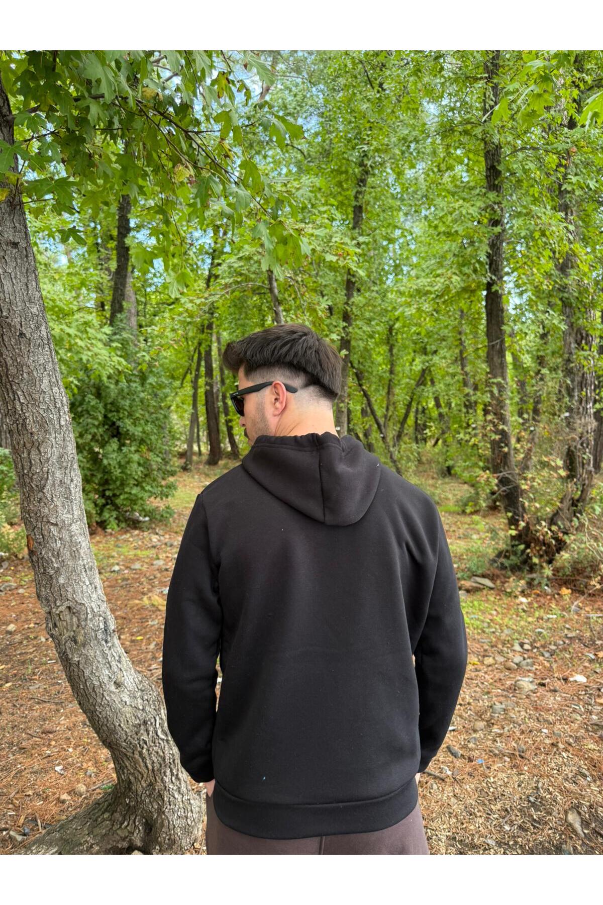 Erkek Oversize Kapüşonlu Tam Fermuarlı Kanguru Cepli Şardonlu Sweatshirt - siyah