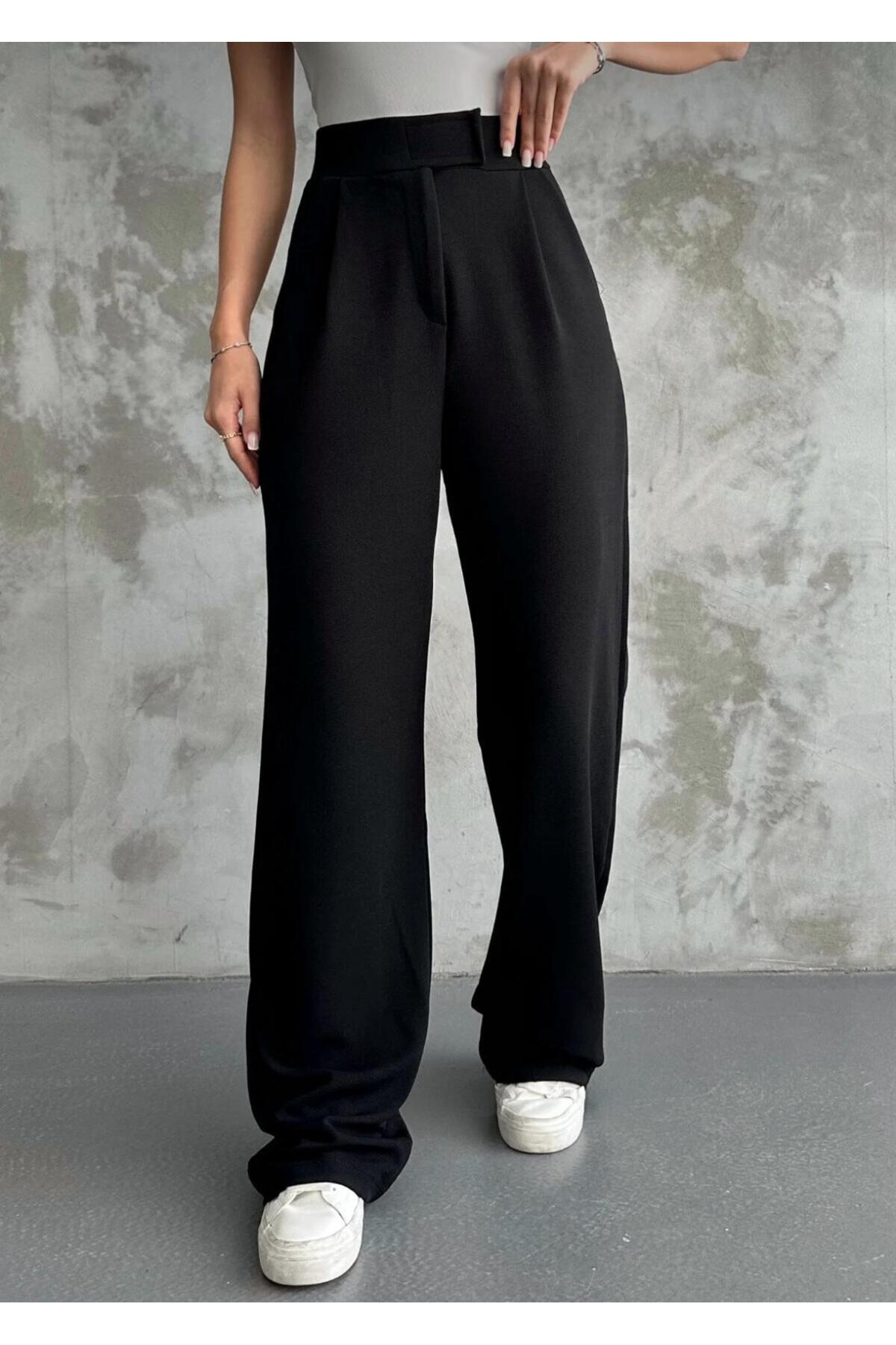 Kadın Likralı Cırt Kapama Palazzo Pantolon - siyah