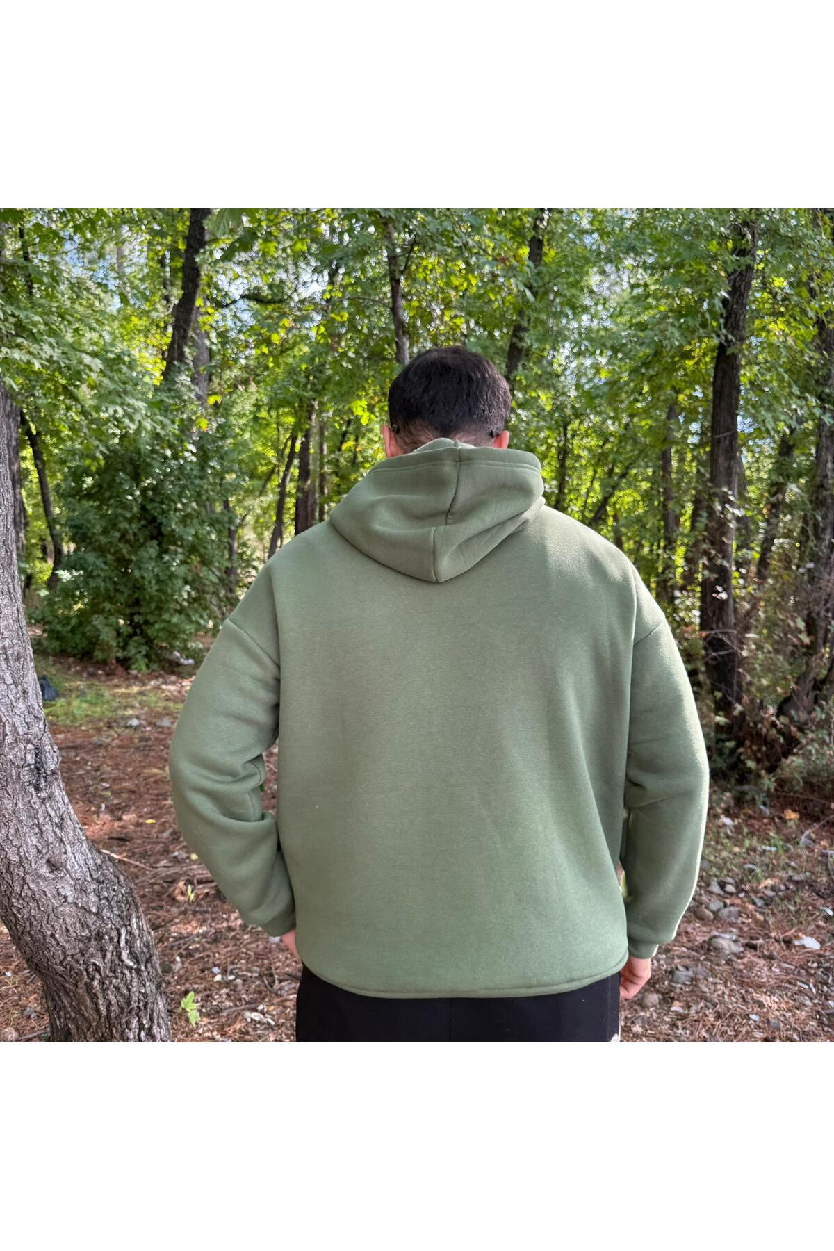 Erkek 3 İplik Basic Oversize Kanguru Cepli Kapüşonlu Sweatshirt - açık haki