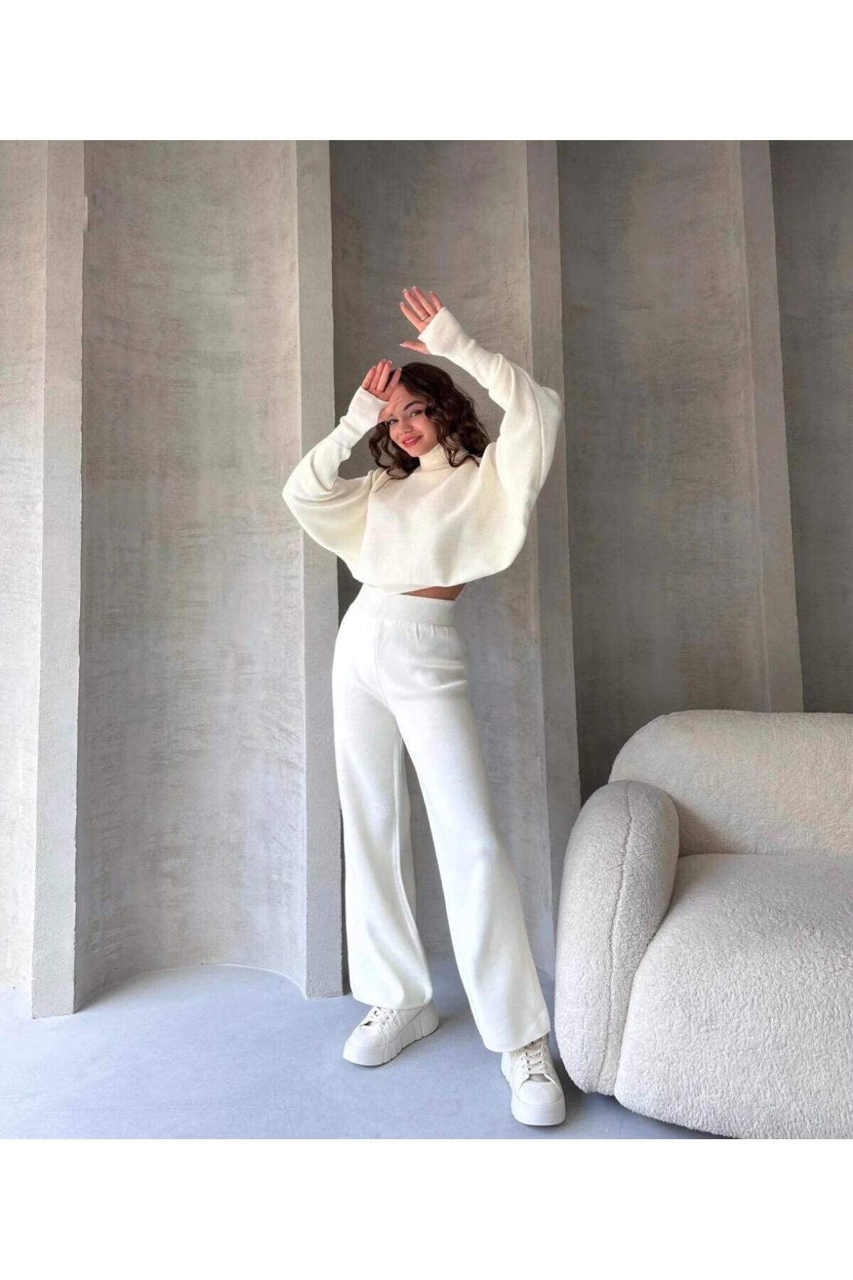 Balıkçi Crop Kazak Ve Pantolon Triko Takım - BEYAZ