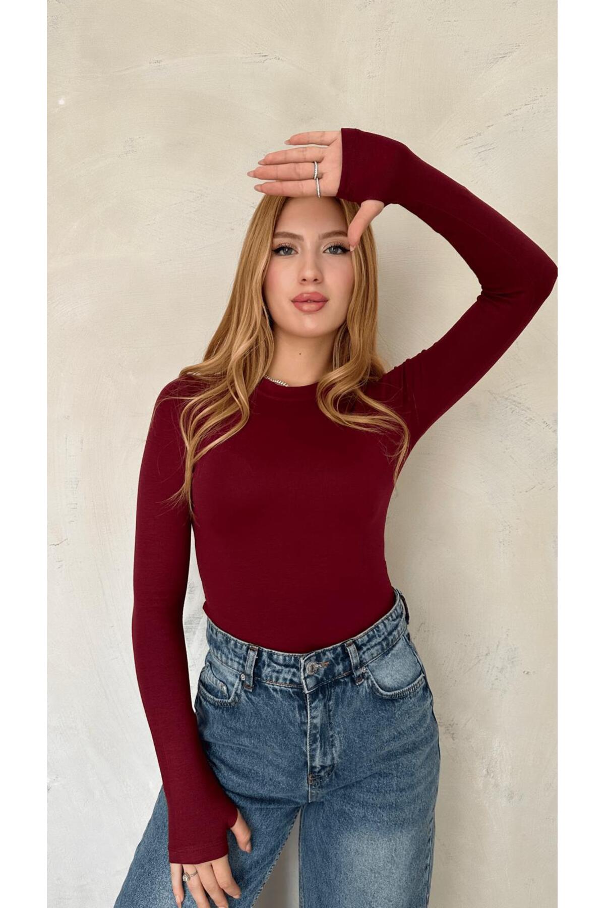 Kadın Bordo Likralı Uzun Kollu Basic Body – Fit Kalıp, Esnek ve Yumuşak Dokulu - Bordo