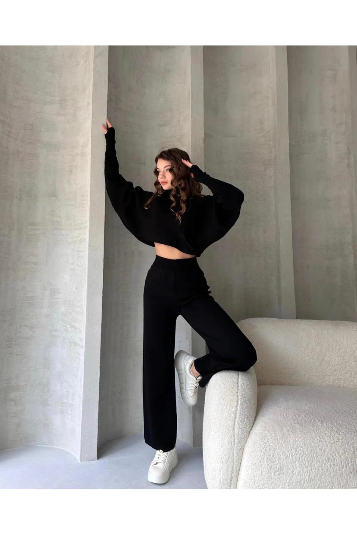 Balıkçi Crop Kazak Ve Pantolon Triko Takım - siyah