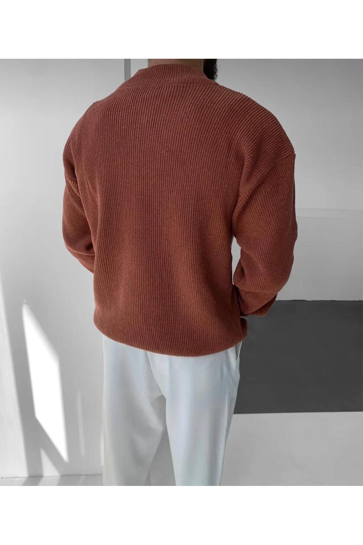 Erkek Kazak Yarım Fermuar Detaylı Triko - kiremit