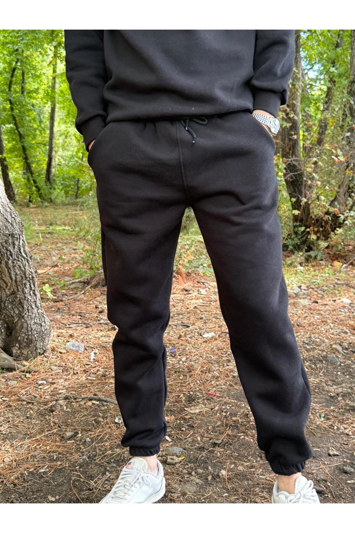 Erkek Ünisex Jogger Eşofman Altı 3 İplik Kalın Kişlık - siyah