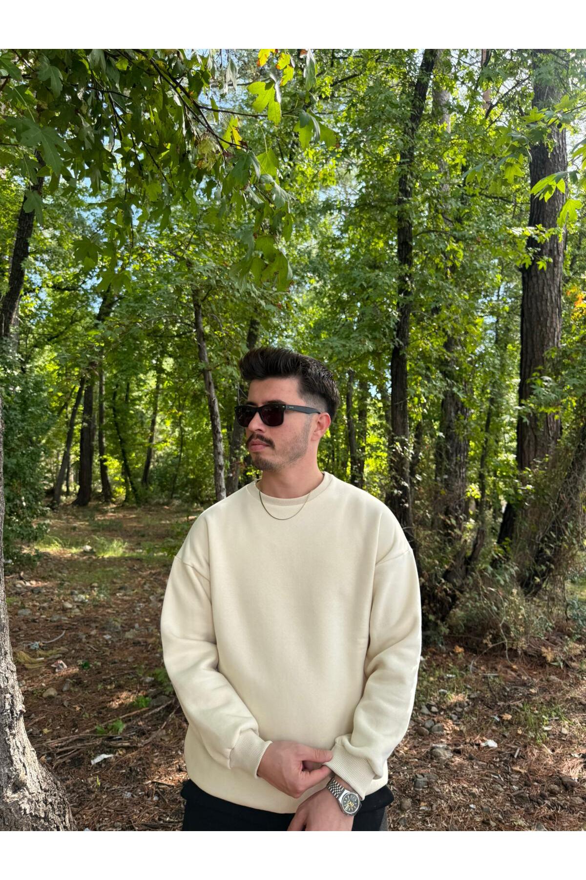 Erkek Oversize Bisiklet Yaka Basic Sweatshirt - Ekru