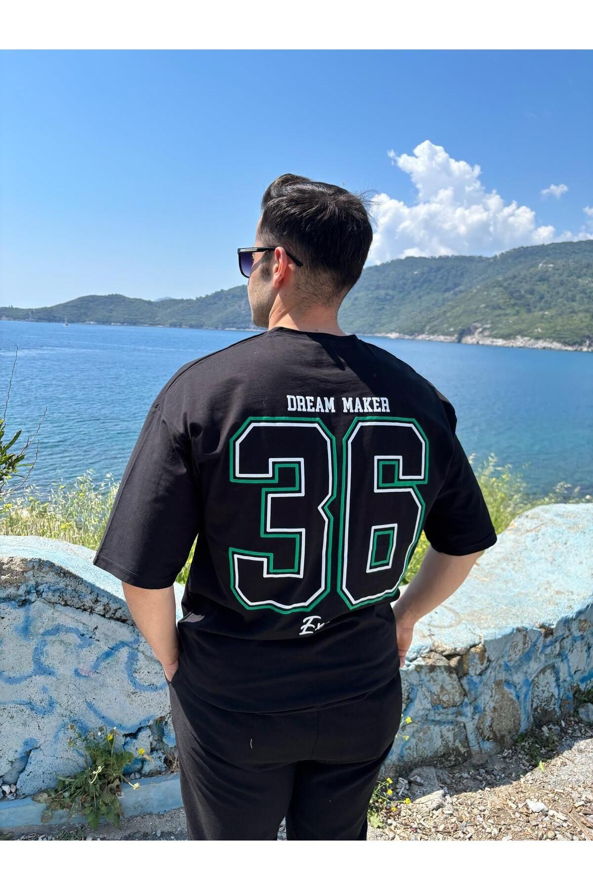 Erkek Bisiklet Yaka Oversize Baskılı T-shirt - siyah