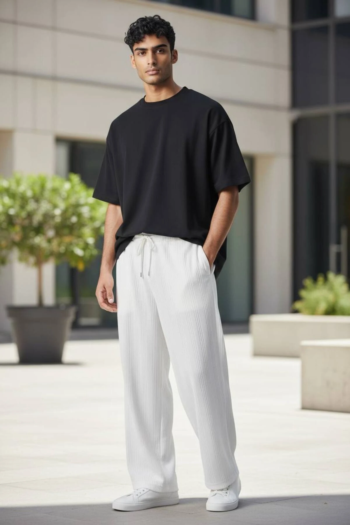 Baggy Beyaz Renk Ottoman Çizgi Detaylı Pantolon