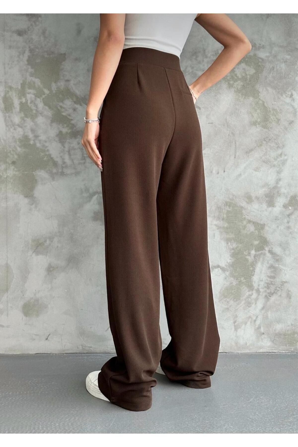 Kadın Likralı Cırt Kapama Palazzo Pantolon - kahverengi