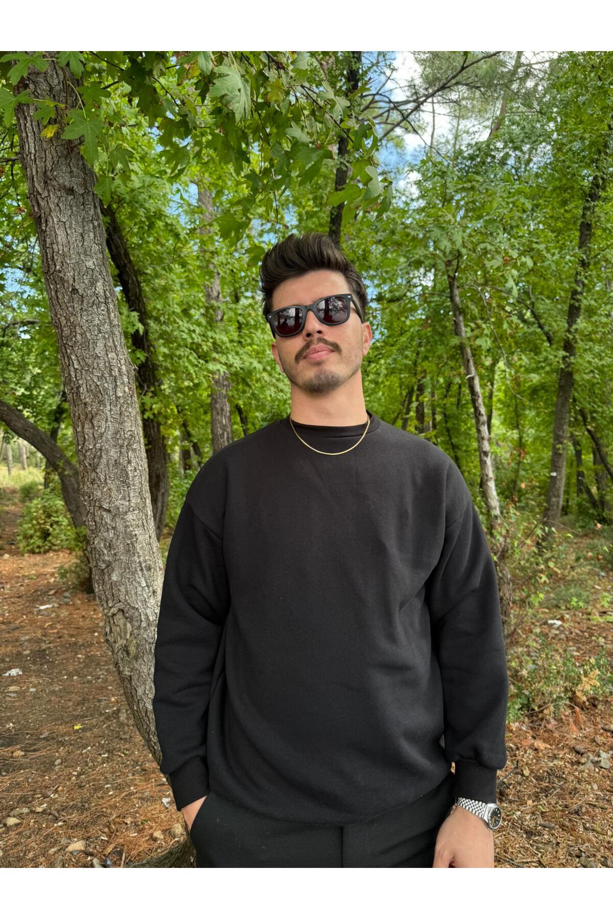 Erkek Oversize Bisiklet Yaka Basic Sweatshirt - siyah