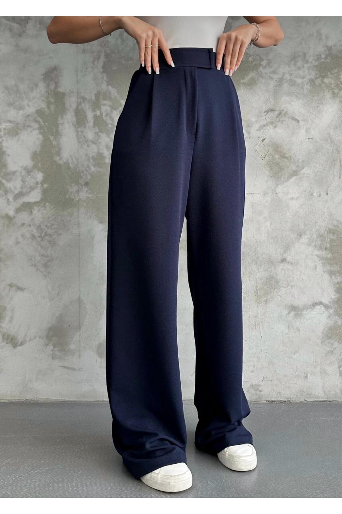 Kadın Likralı Cırt Kapama Palazzo Pantolon - Lacivert