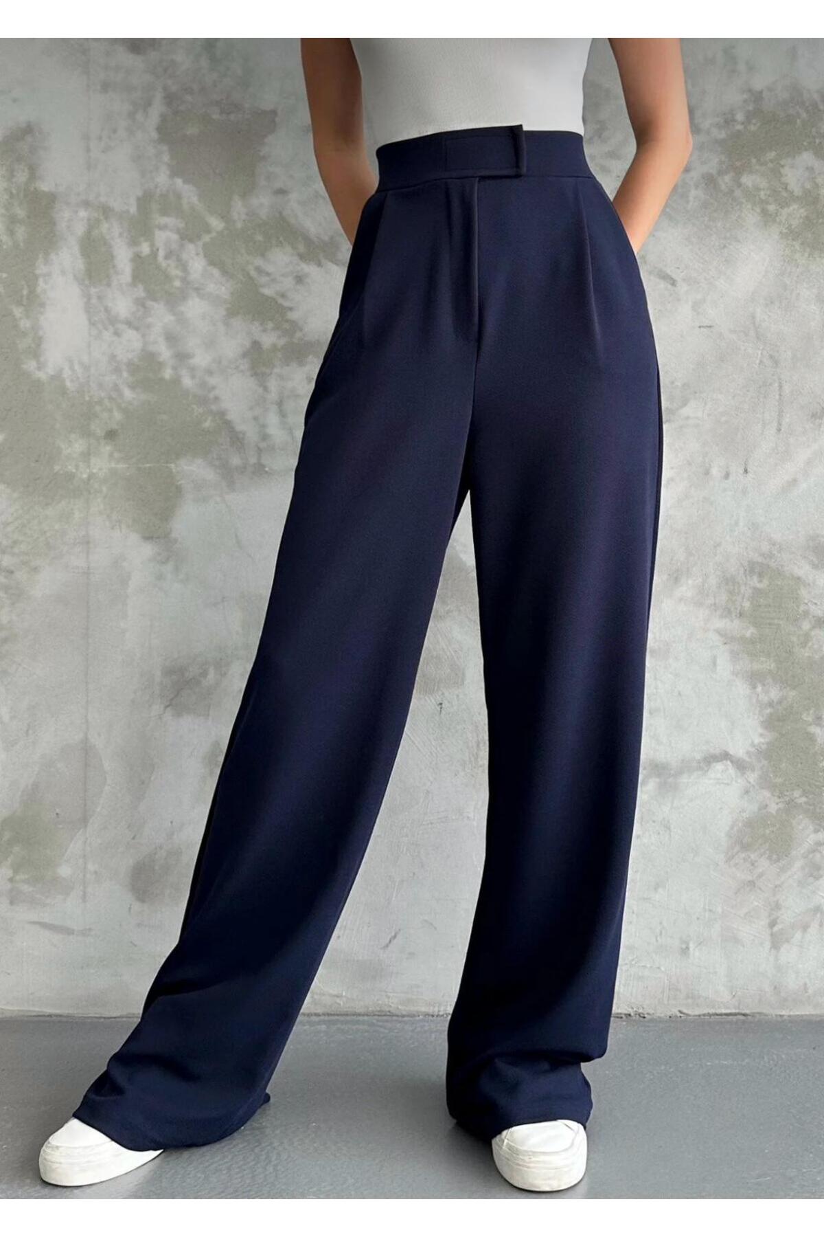 Kadın Likralı Cırt Kapama Palazzo Pantolon - Lacivert
