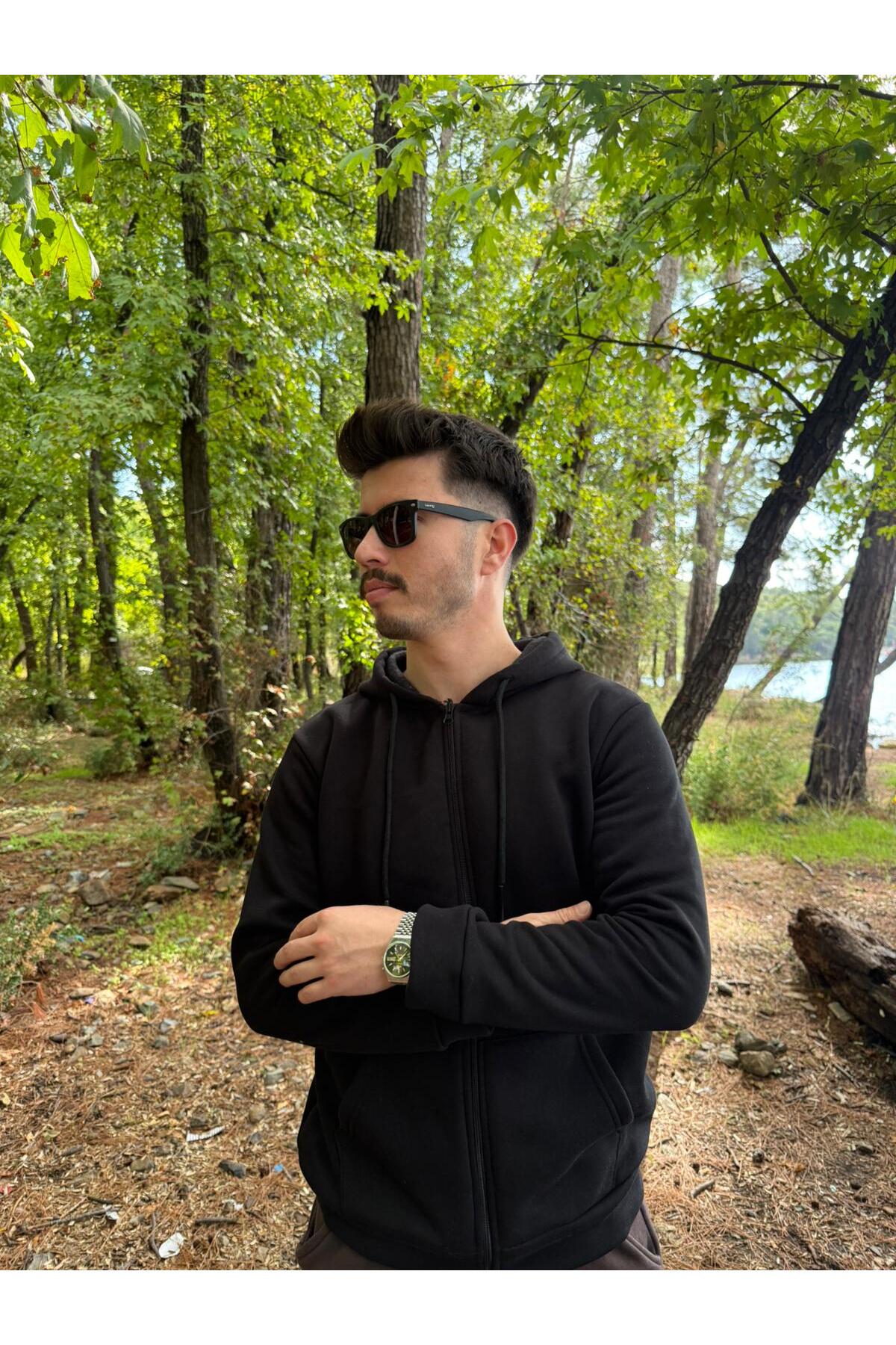 Erkek Oversize Kapüşonlu Tam Fermuarlı Kanguru Cepli Şardonlu Sweatshirt - siyah