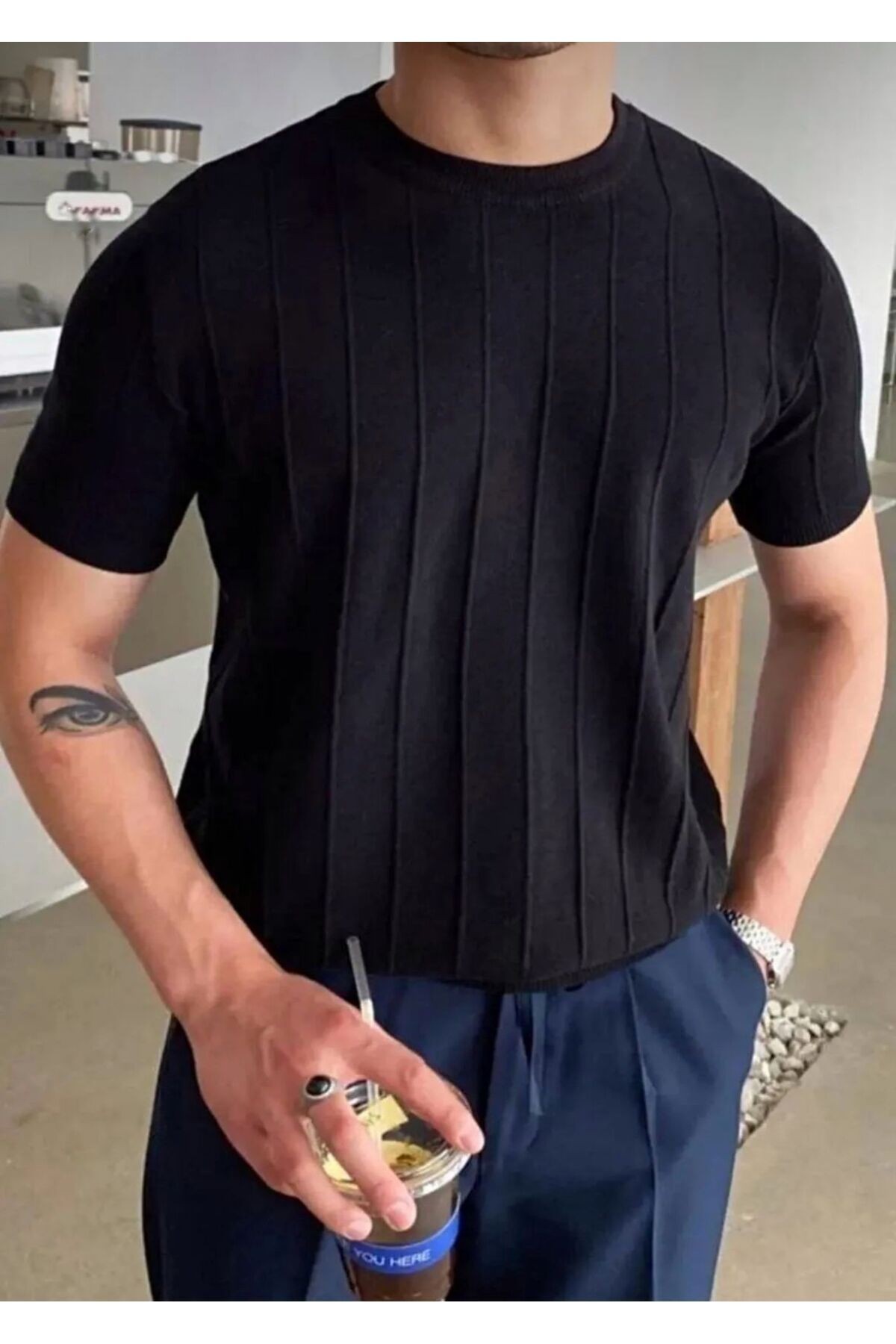 Erkek Bisiklet Yaka Örme T-shirt - siyah