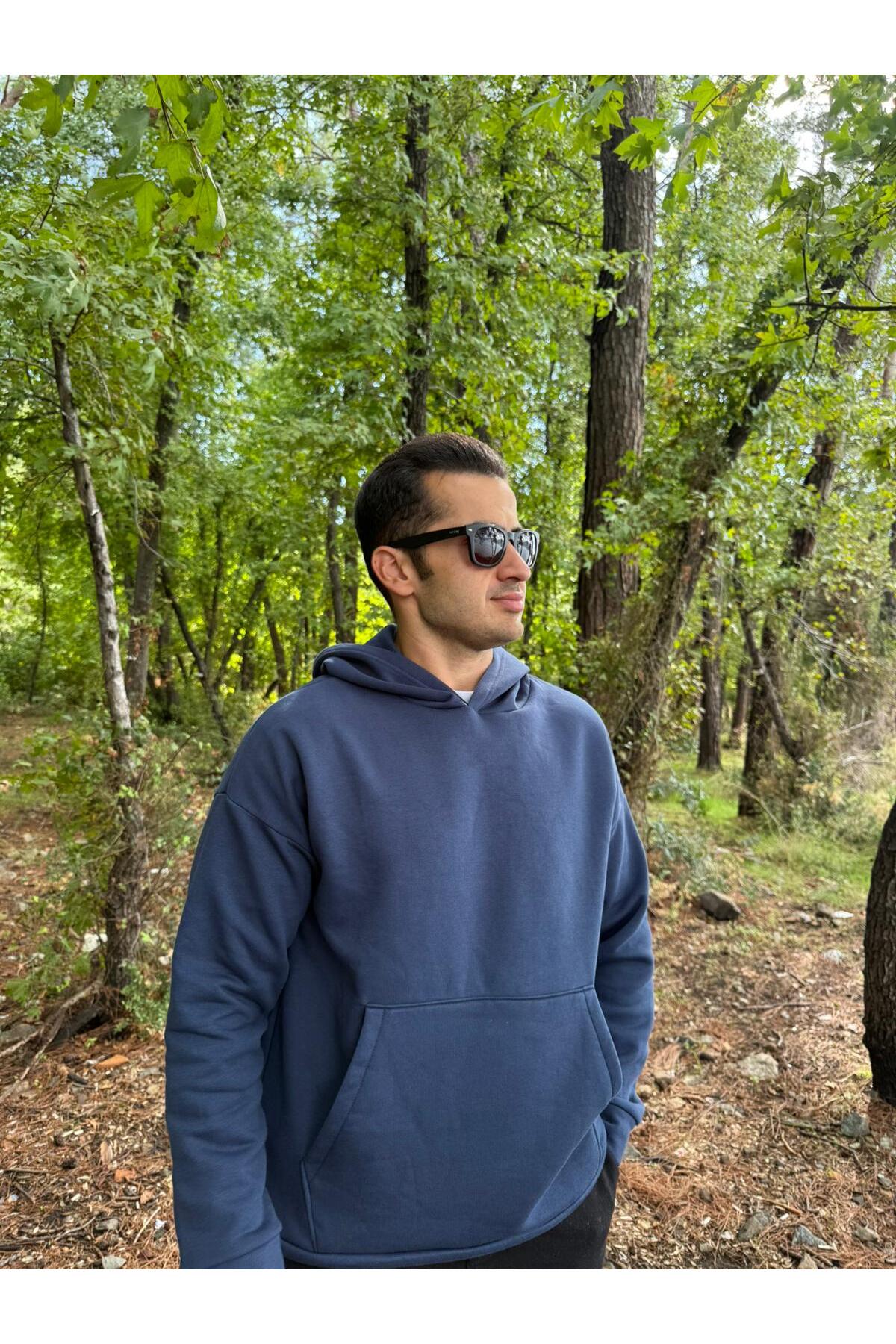 Erkek 3 İplik Basic Oversize Kanguru Cepli Kapüşonlu Sweatshirt - Lacivert