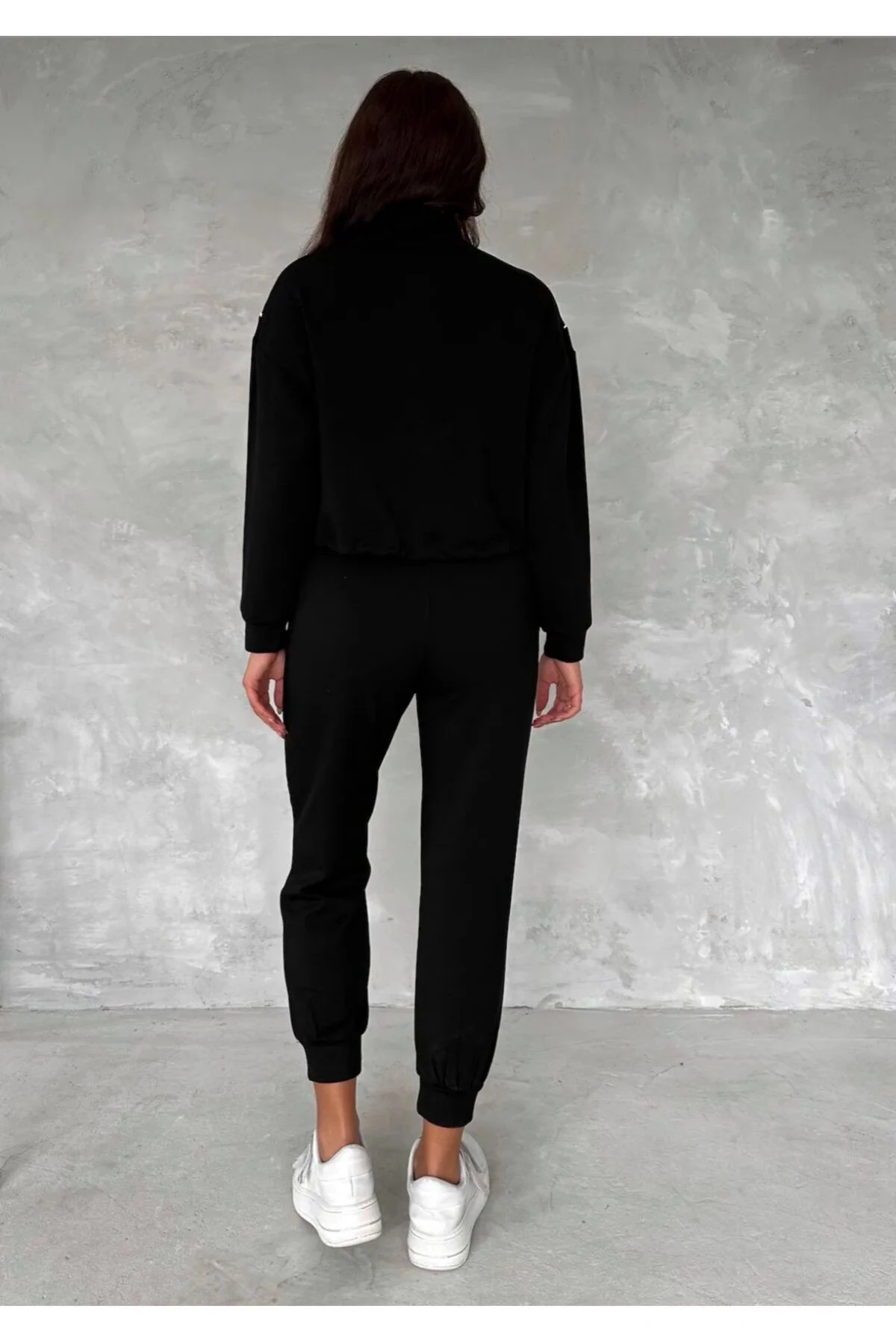 Dik Yaka Yarım Fermuarlı Garnili Modal Kumaş Alt Üst Takım - siyah