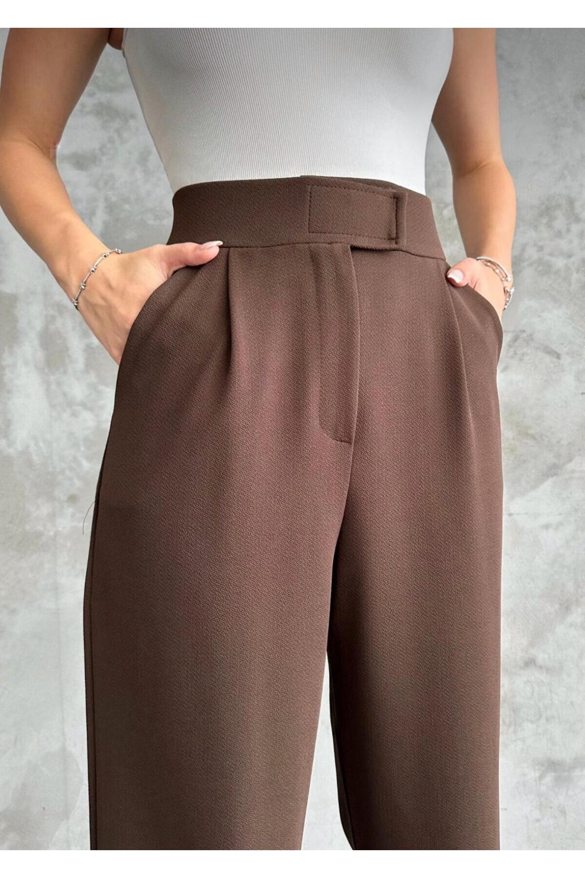 Kadın Likralı Cırt Kapama Palazzo Pantolon - kahverengi