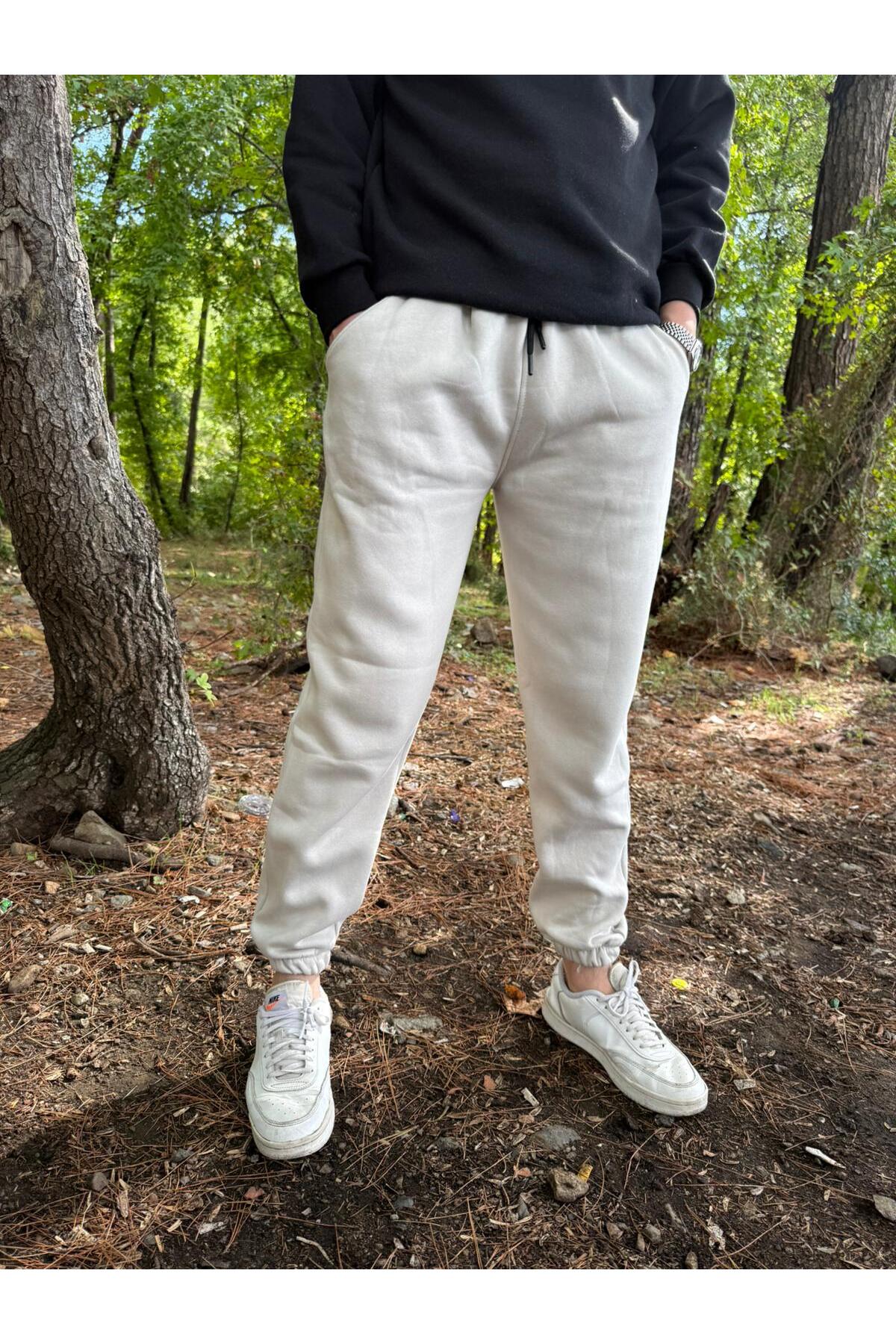 Erkek Ünisex Jogger Eşofman Altı 3 İplik Kalın Kişlık - Bej