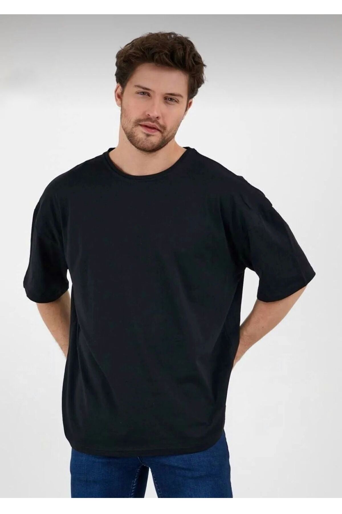 Erkek Oversize Pamuklu Bisiklet Yaka Kısa Kollu T-shirt - siyah