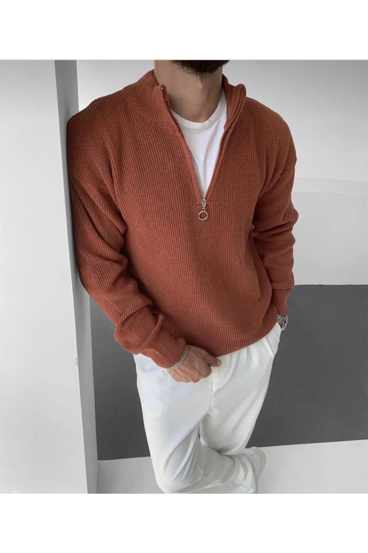 Erkek Kazak Yarım Fermuar Detaylı Triko - kiremit