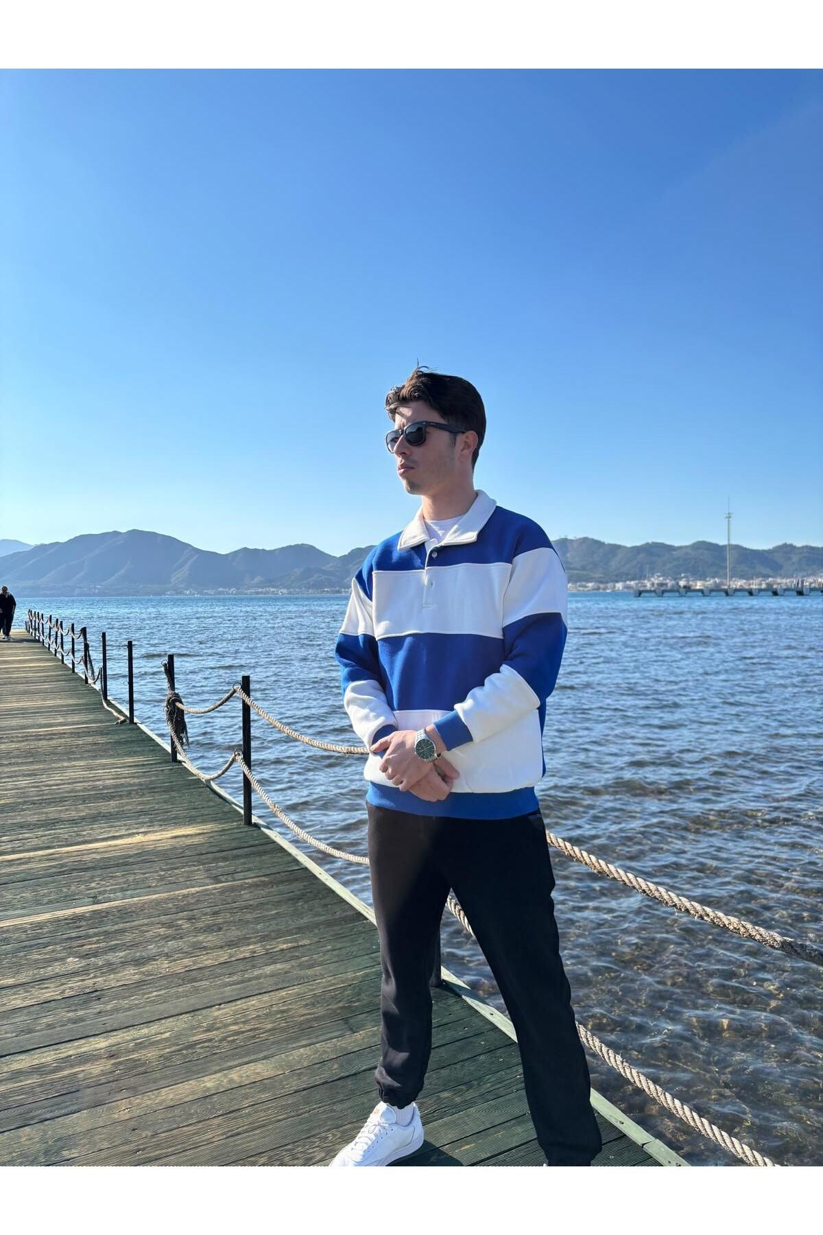 3 İplik Polo Yaka Parçali Oversize Sweatshirt