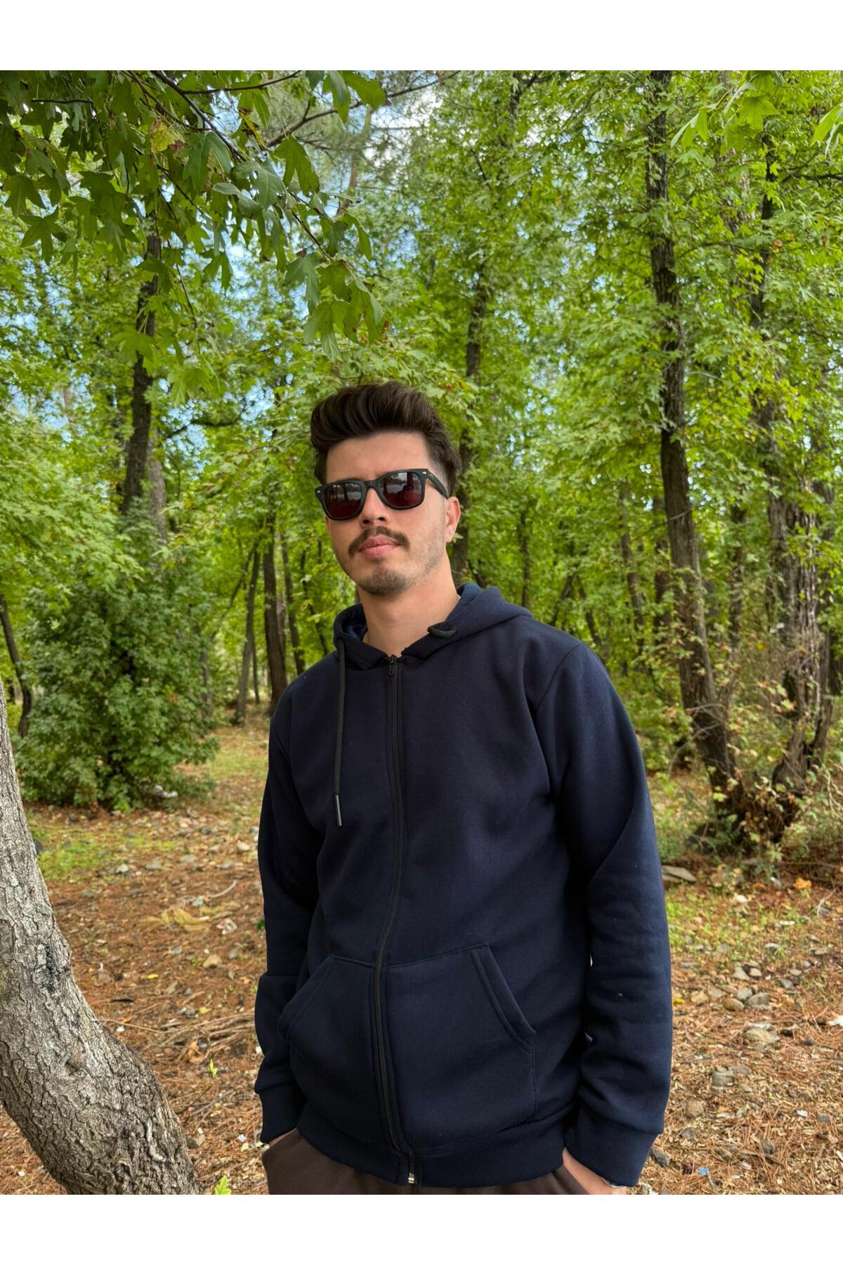 Erkek Oversize Kapüşonlu Tam Fermuarlı Kanguru Cepli Şardonlu Sweatshirt - Lacivert