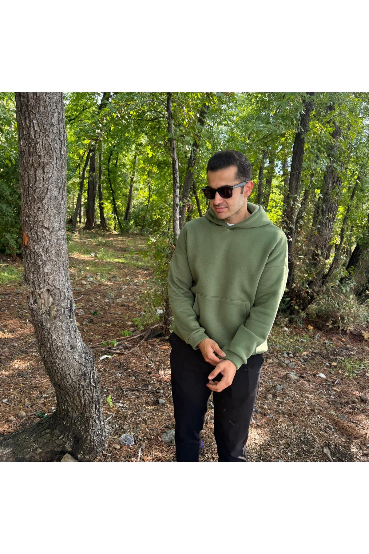 Erkek 3 İplik Basic Oversize Kanguru Cepli Kapüşonlu Sweatshirt - açık haki