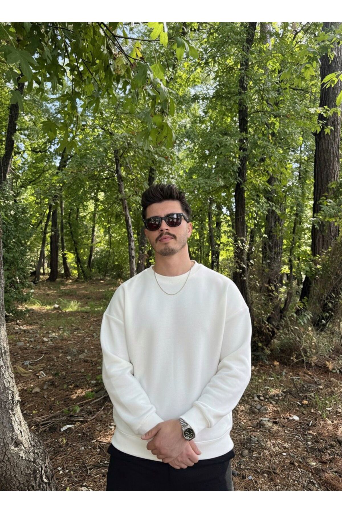 Erkek Oversize Bisiklet Yaka Geniş Kesim Sweatshirt - BEYAZ