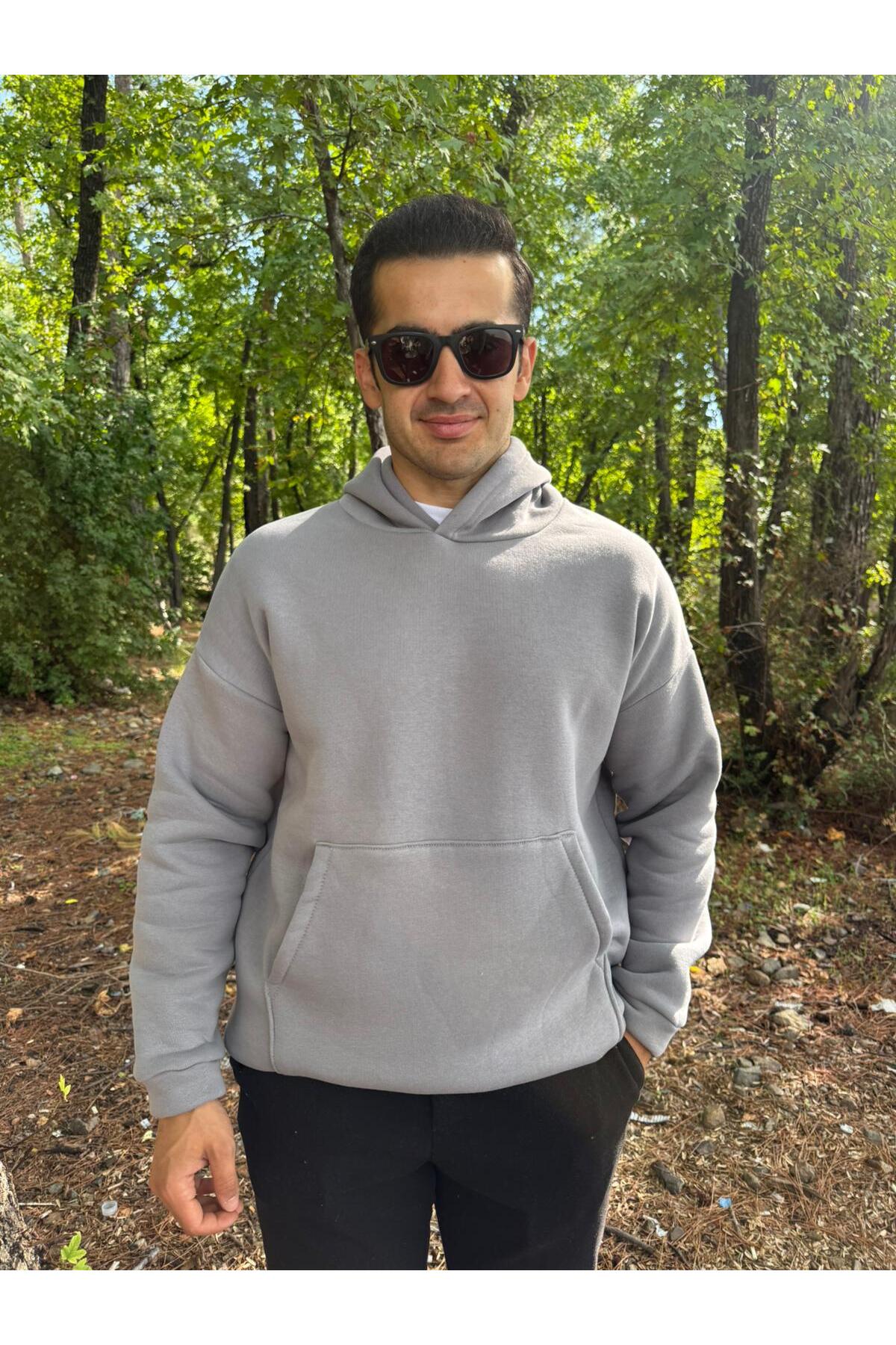 Erkek 3 İplik Basic Oversize Kanguru Cepli Kapüşonlu Sweatshirt - açık gri