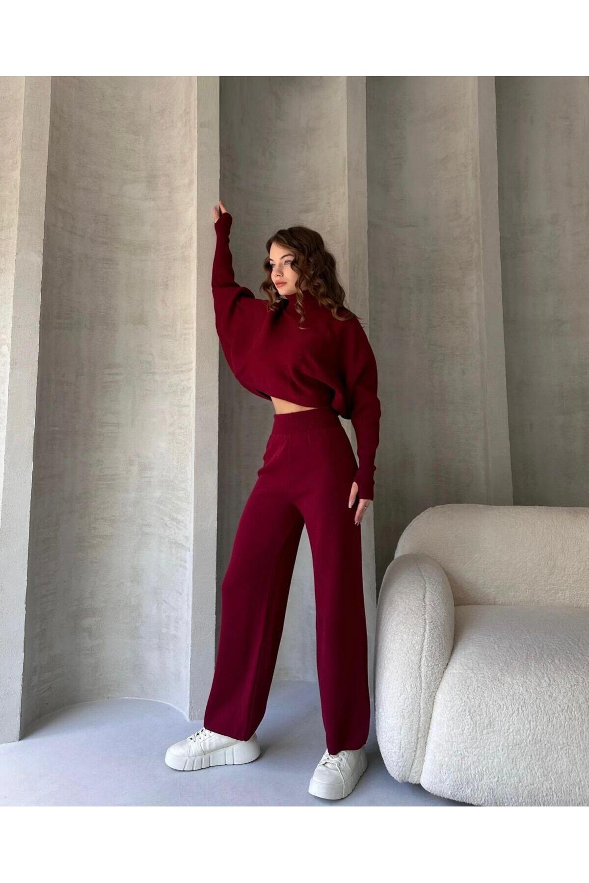 Balıkçi Crop Kazak Ve Pantolon Triko Takım - Bordo