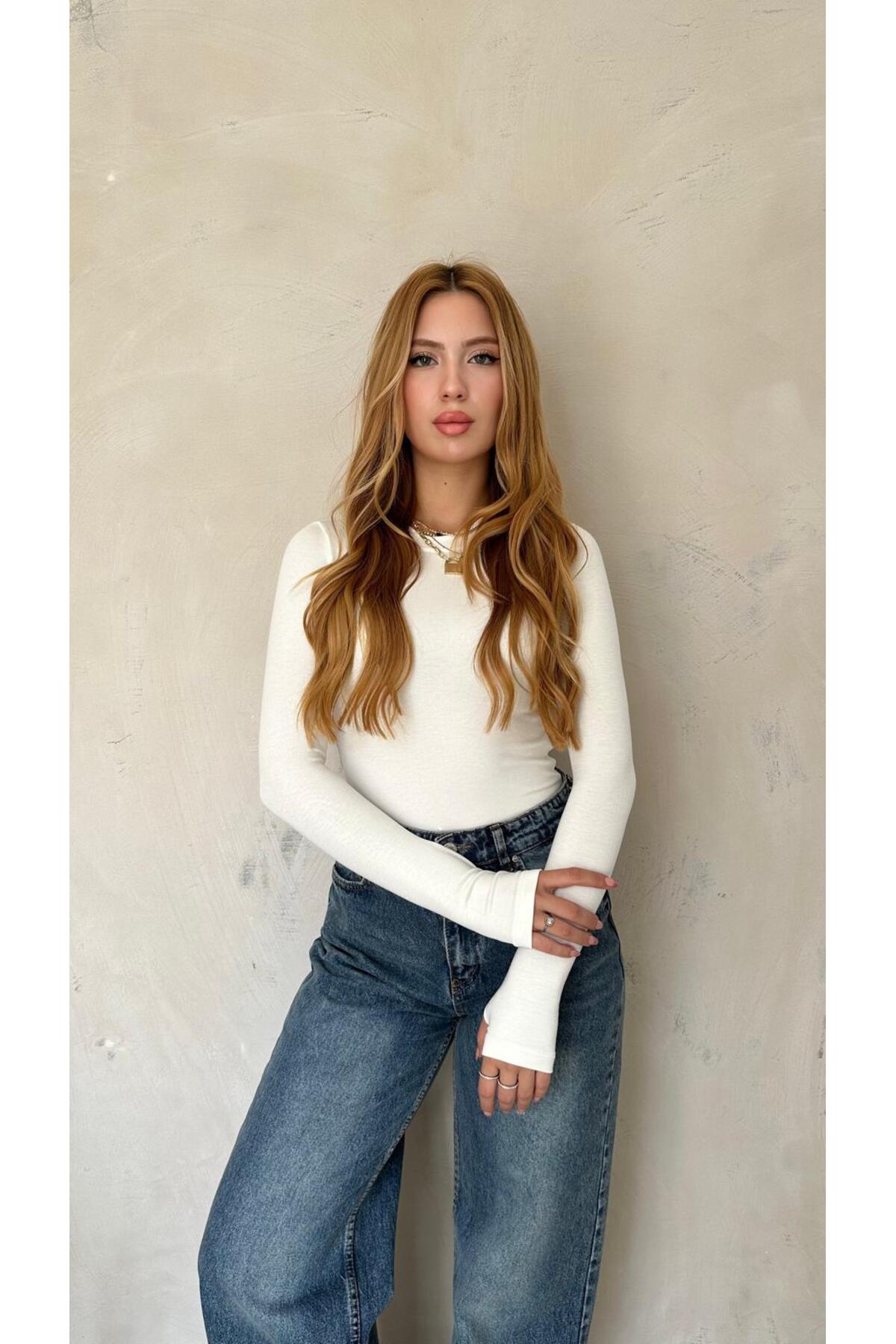 Kadın Bordo Likralı Uzun Kollu Basic Body – Fit Kalıp, Esnek ve Yumuşak Dokulu - BEYAZ