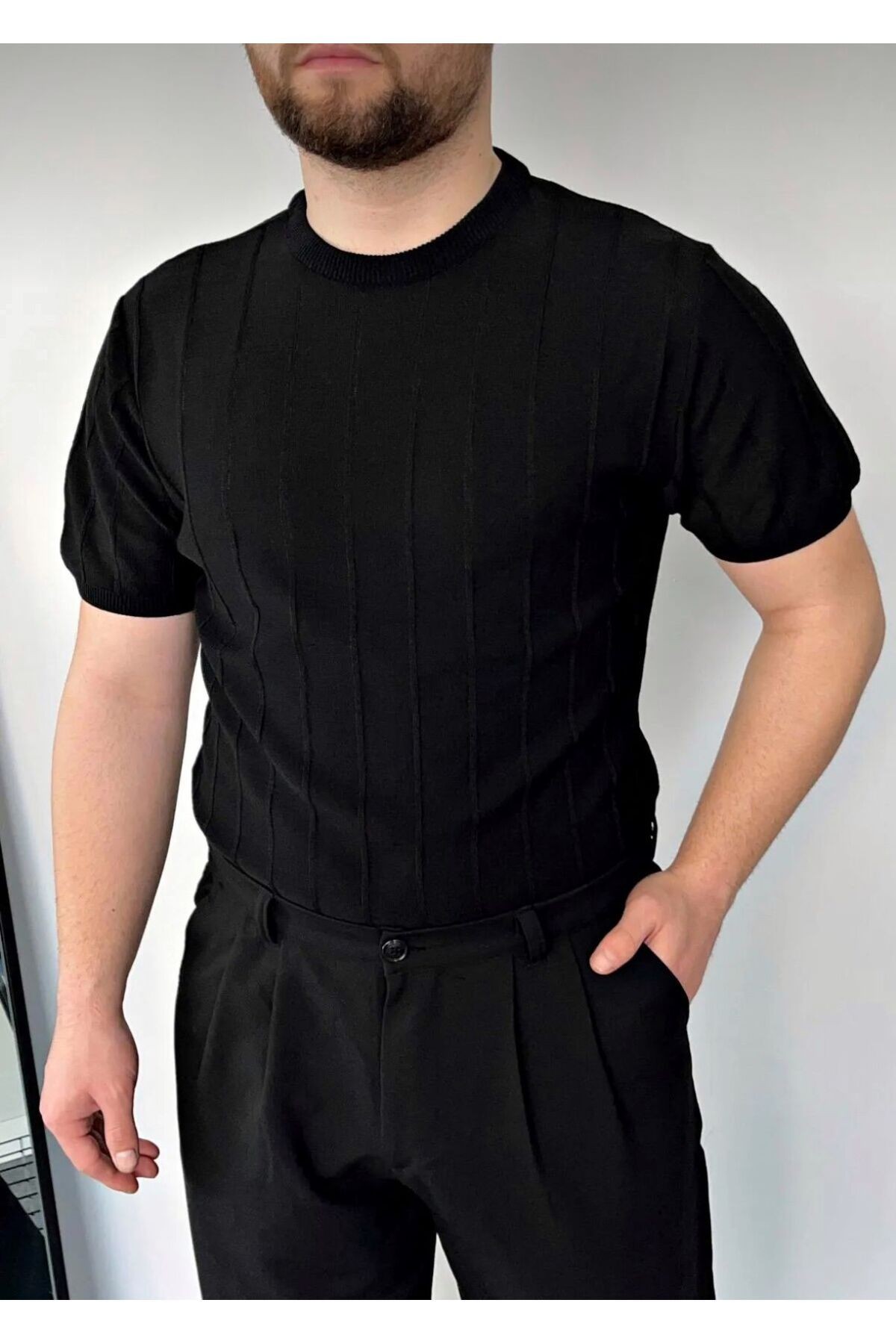 Erkek Bisiklet Yaka Örme T-shirt