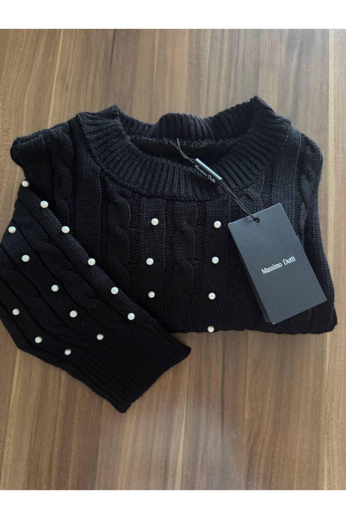 İnci Detaylı Triko İkili Takım – Yüksek Bel Bol Paça Pantolon & Crop Kazak – Siyah