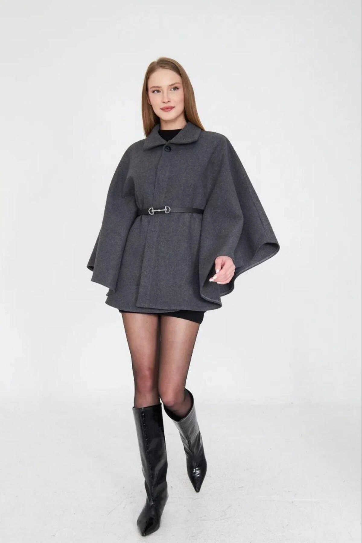 Kadın Kemerli Kaşe Panço - Gri