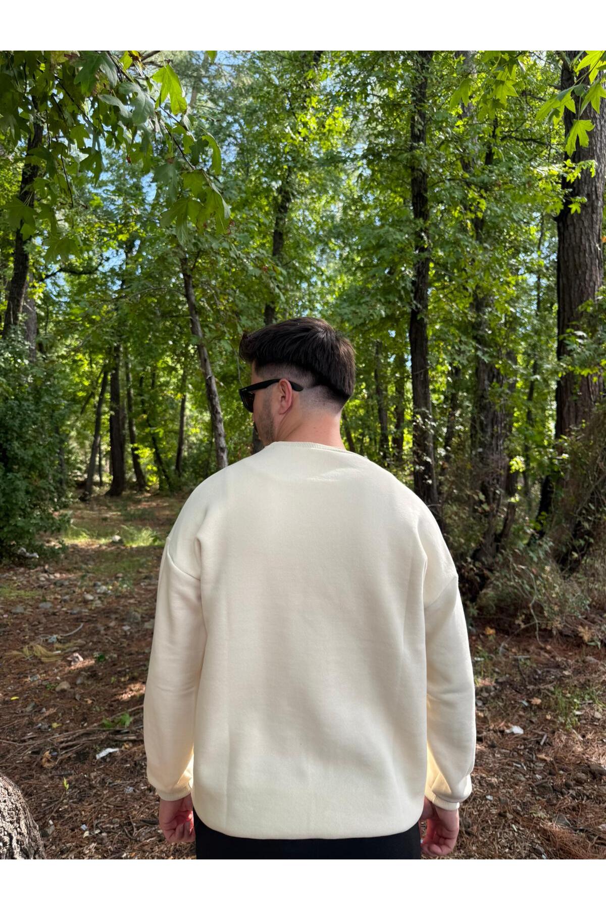 Erkek Oversize Bisiklet Yaka Basic Sweatshirt - Ekru