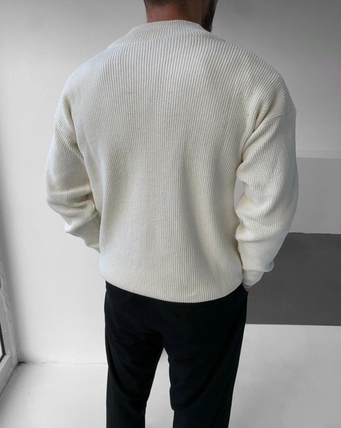 Erkek Kazak Yarım Fermuar Detaylı Triko - Ekru