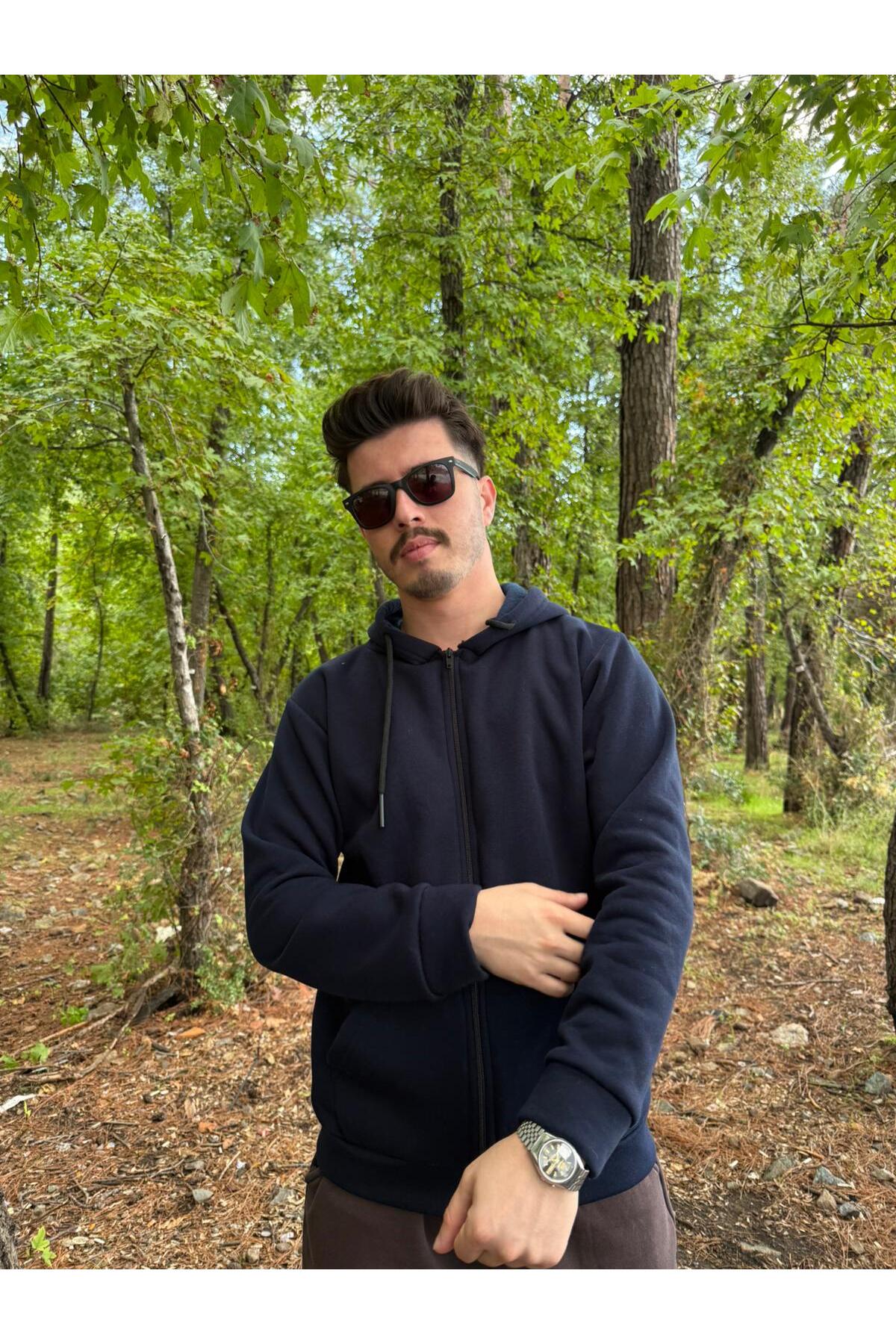 Erkek Oversize Kapüşonlu Tam Fermuarlı Kanguru Cepli Şardonlu Sweatshirt - Lacivert